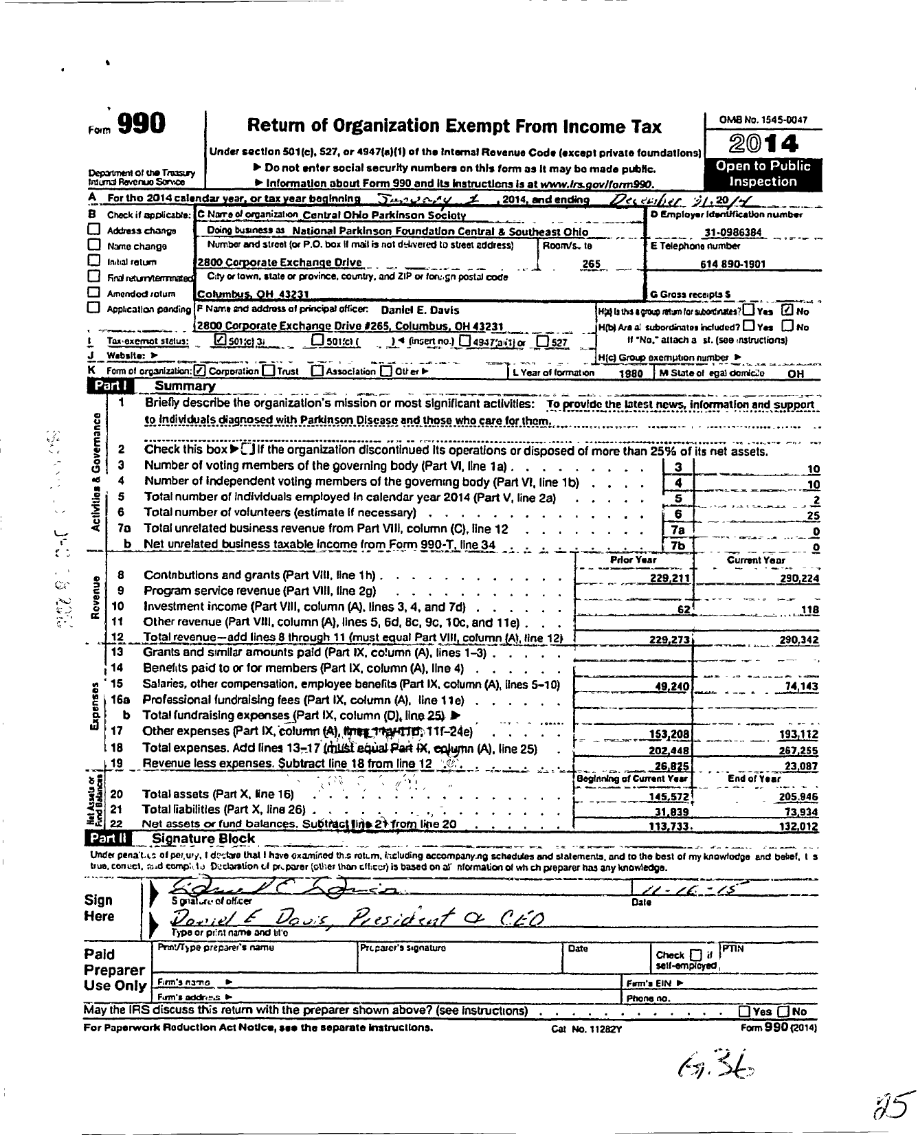 Image of first page of 2014 Form 990 for Central Ohio Parkinson Society