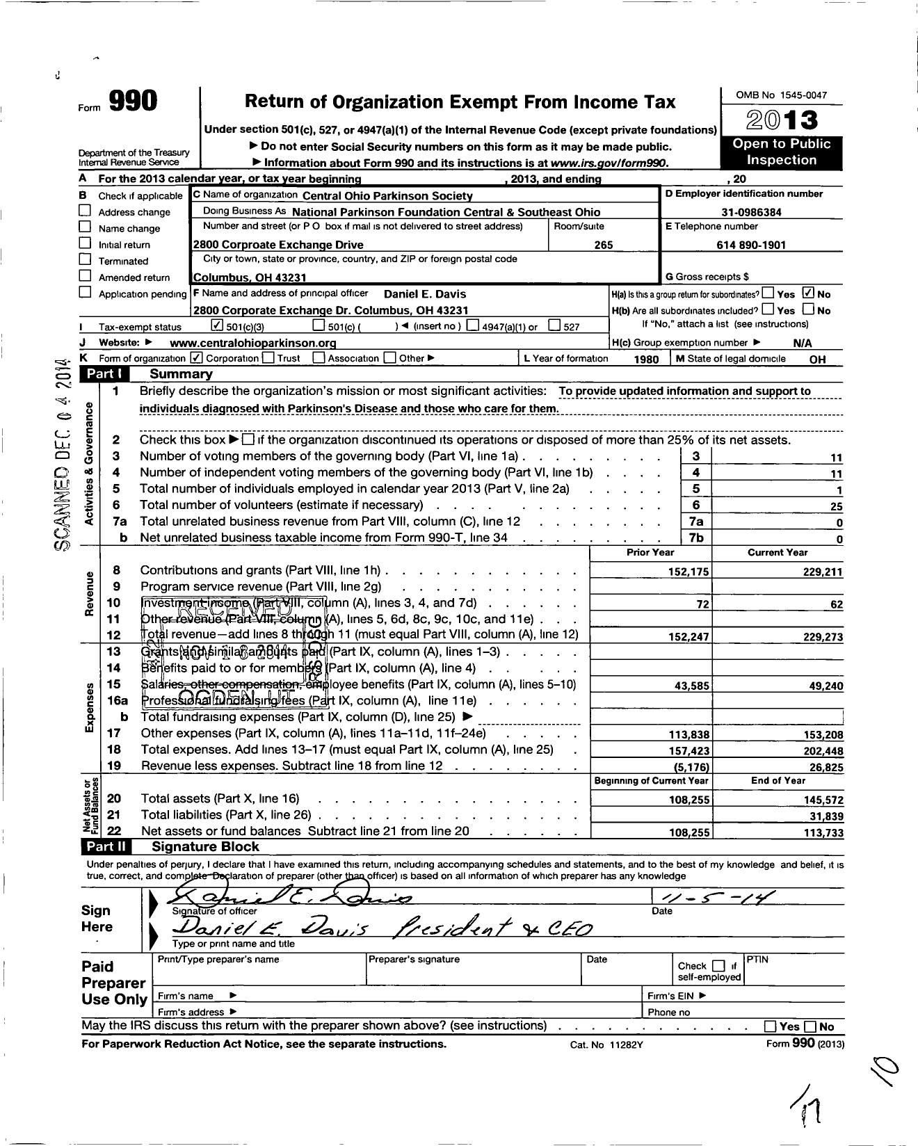 Image of first page of 2013 Form 990 for Central Ohio Parkinson Society