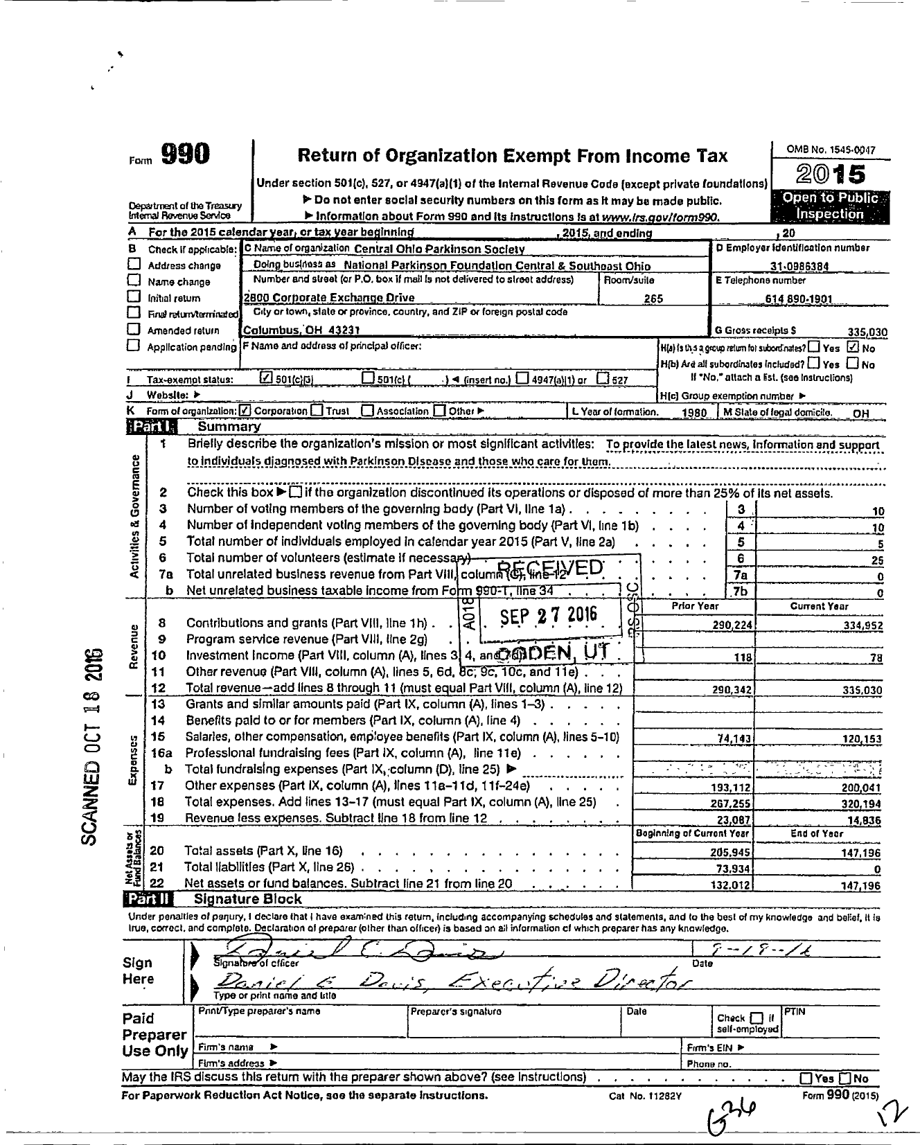 Image of first page of 2015 Form 990 for Central Ohio Parkinson Society