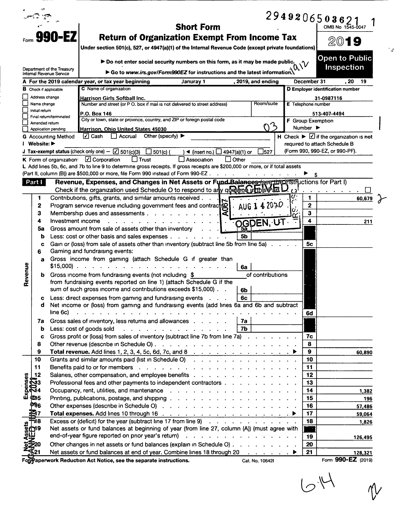 Image of first page of 2019 Form 990EZ for Harrison Girls Softball League