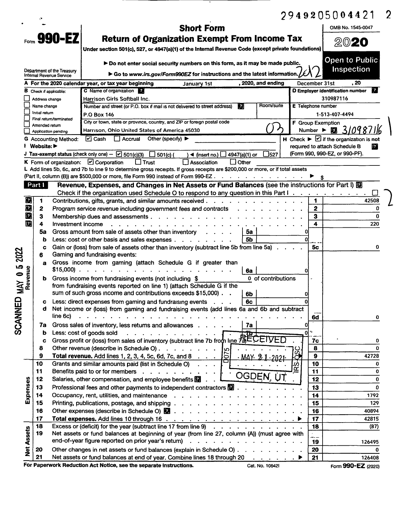 Image of first page of 2020 Form 990EZ for Harrison Girls Softball League