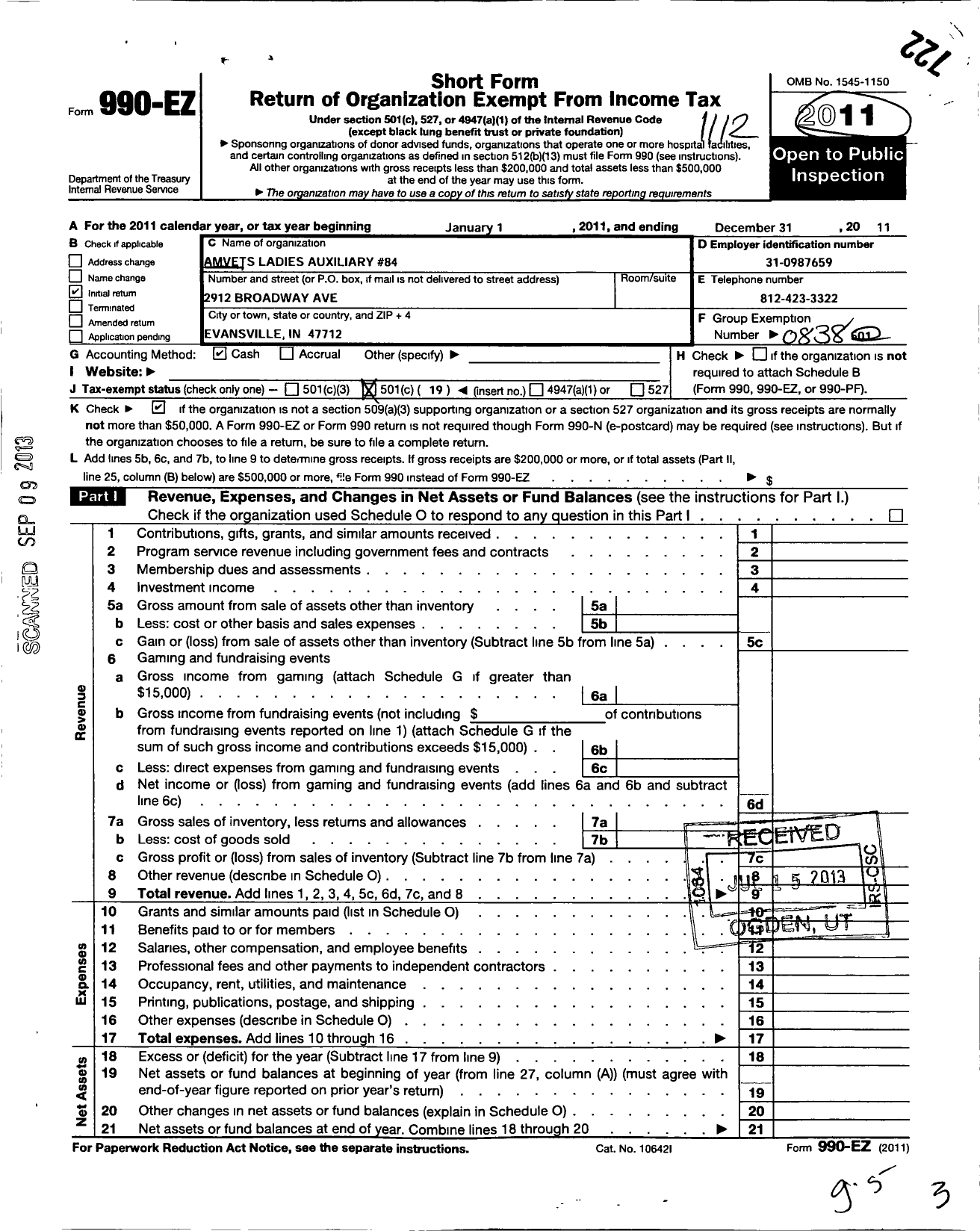 Image of first page of 2011 Form 990EO for Amvets - 84