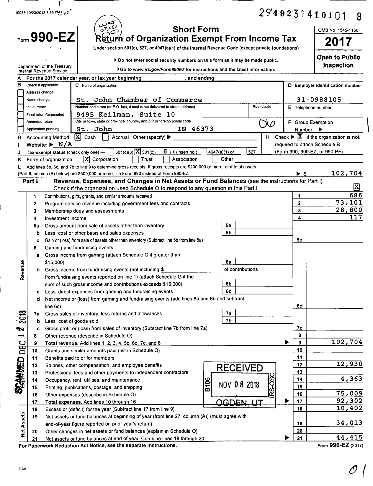 Image of first page of 2017 Form 990EO for St John-Dyer Chamber of Commerce