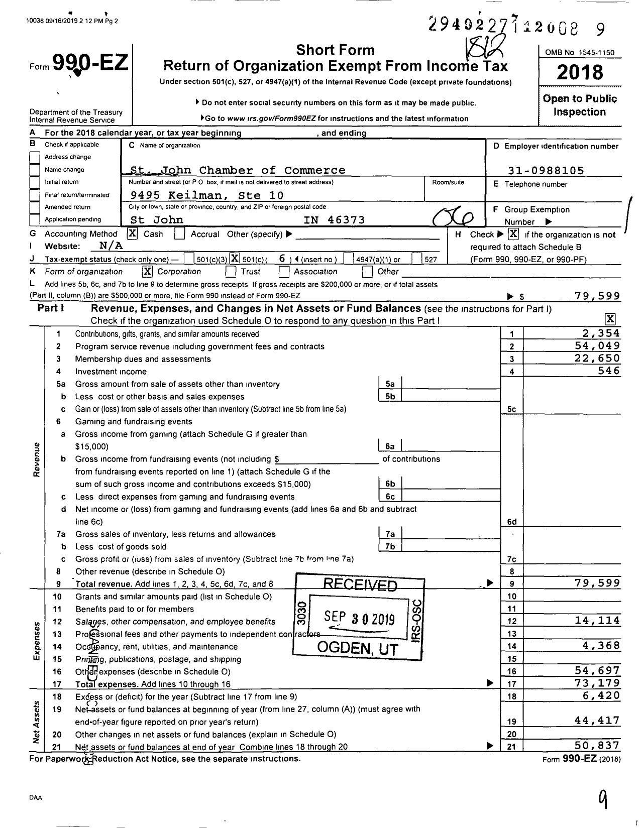 Image of first page of 2018 Form 990EO for St John-Dyer Chamber of Commerce