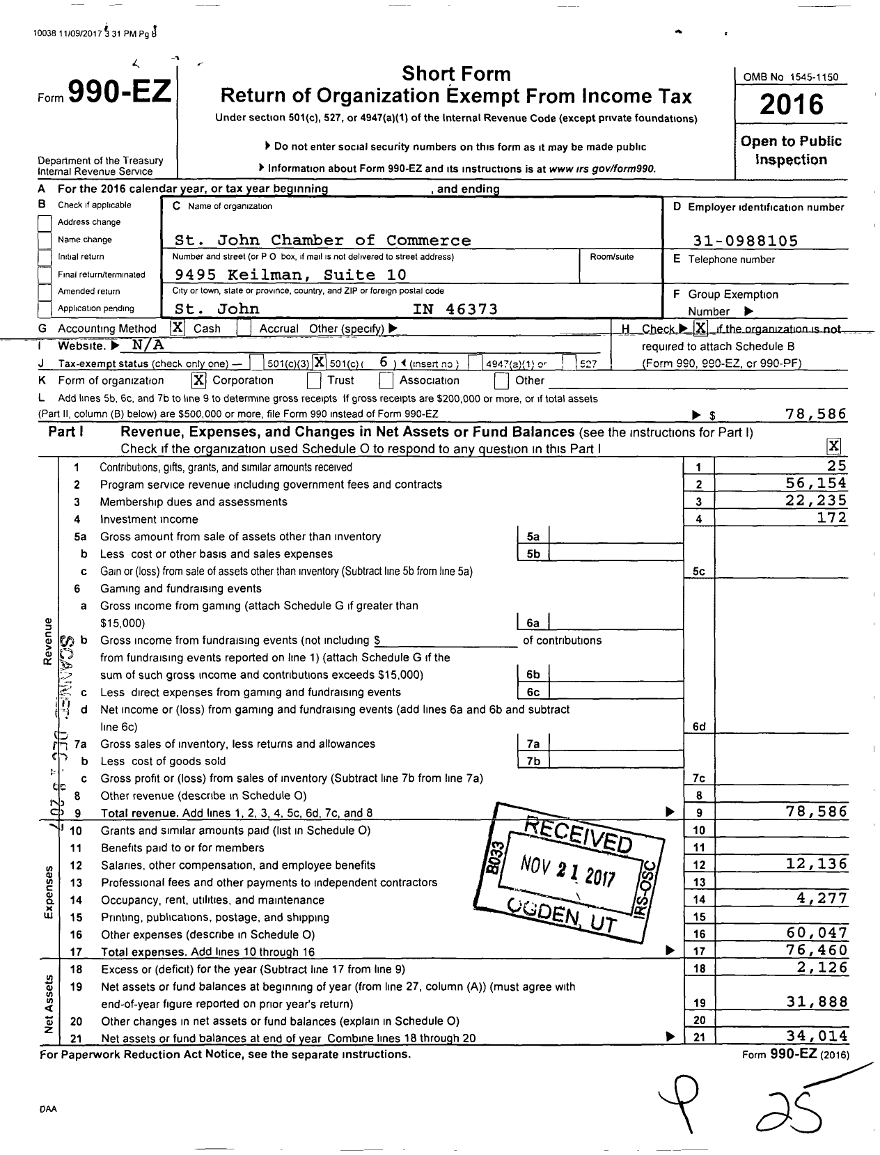 Image of first page of 2016 Form 990EO for St John-Dyer Chamber of Commerce