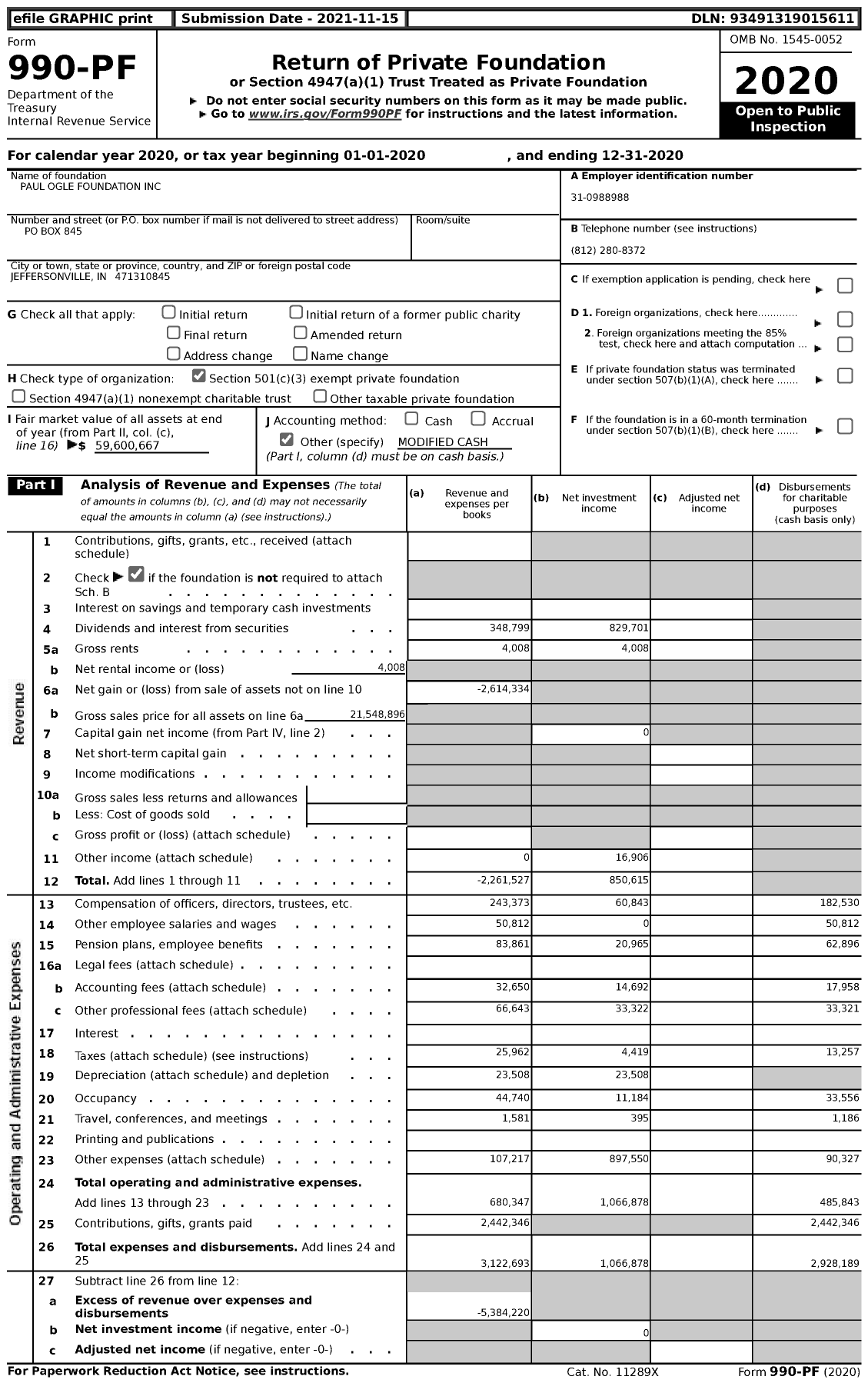 Image of first page of 2020 Form 990PF for Paul Ogle Foundation