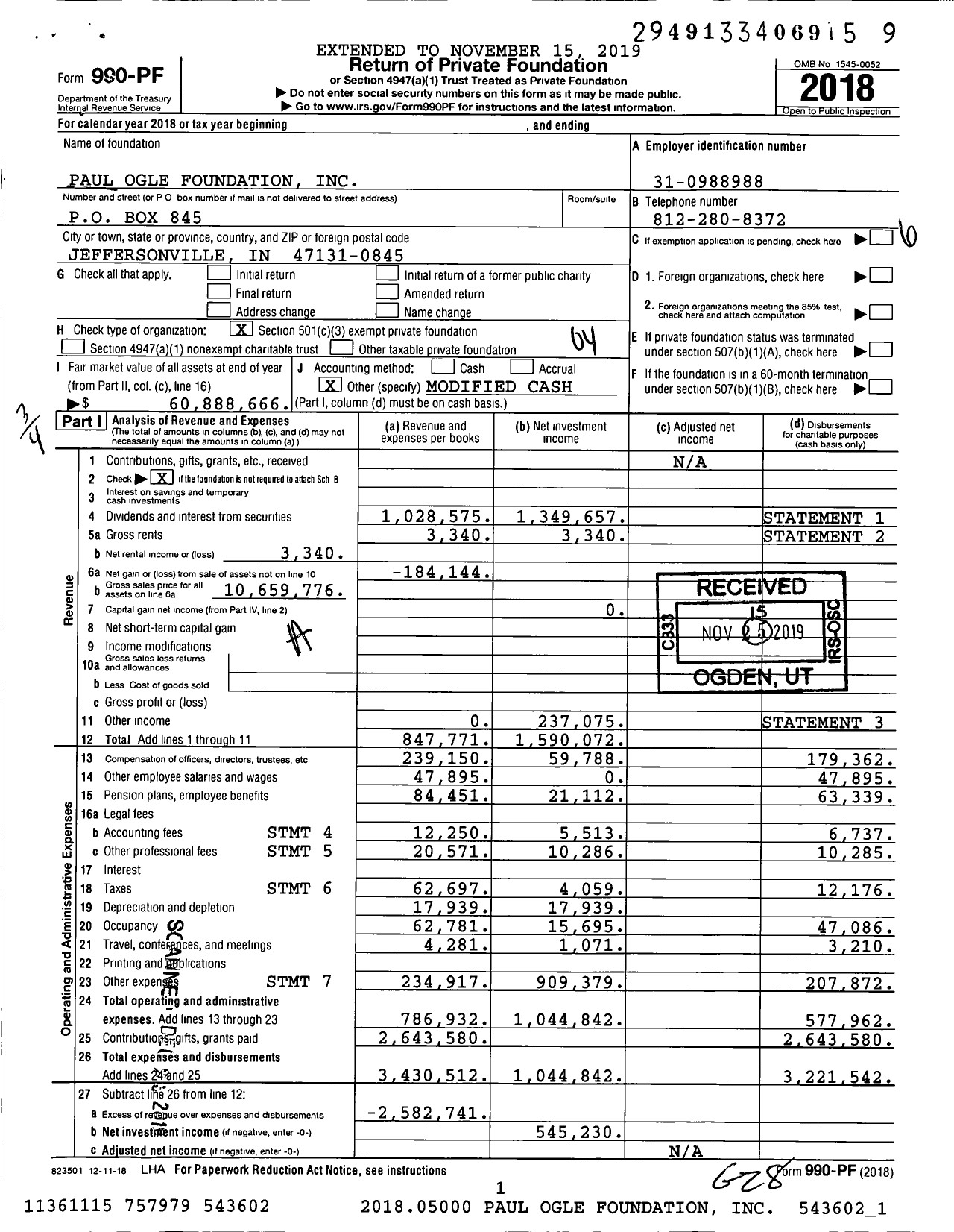 Image of first page of 2018 Form 990PF for Paul Ogle Foundation