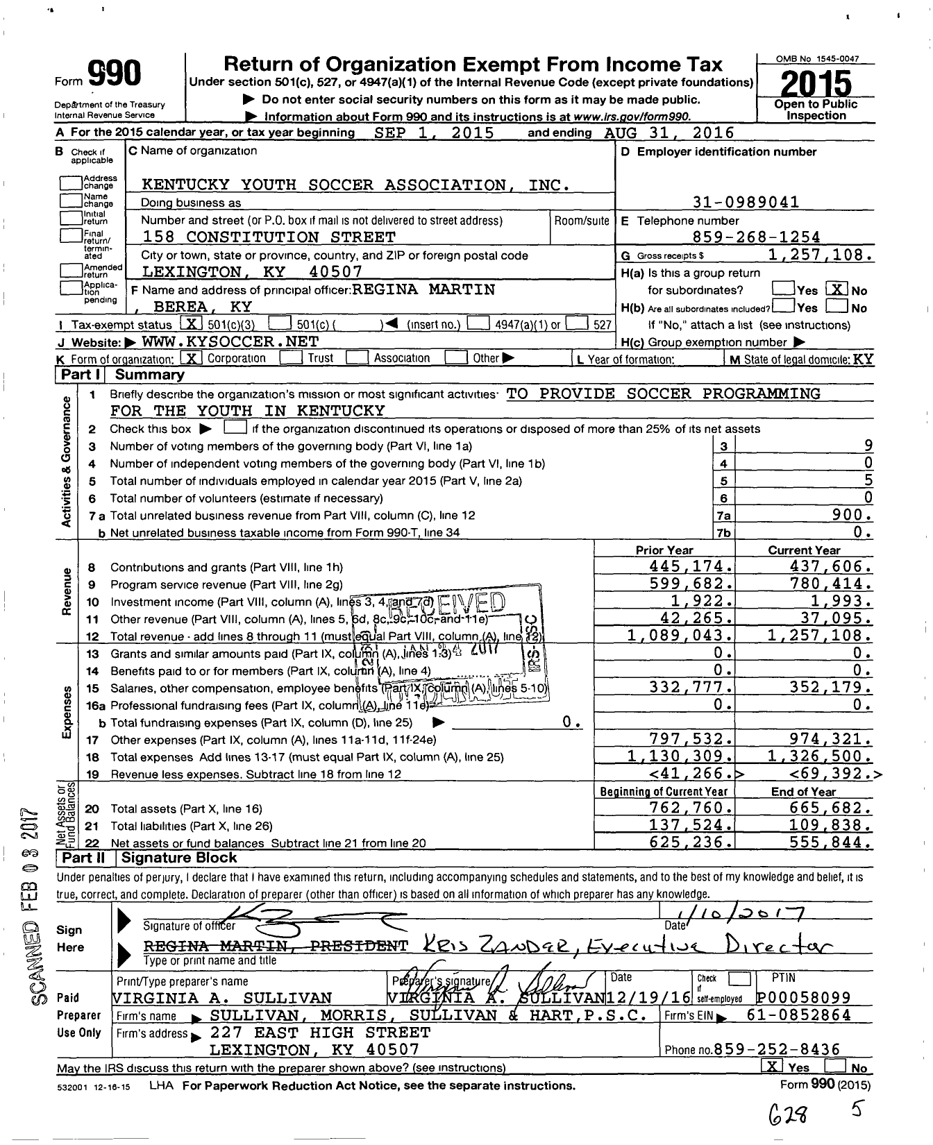 Image of first page of 2015 Form 990 for Kentucky Youth Soccer Association