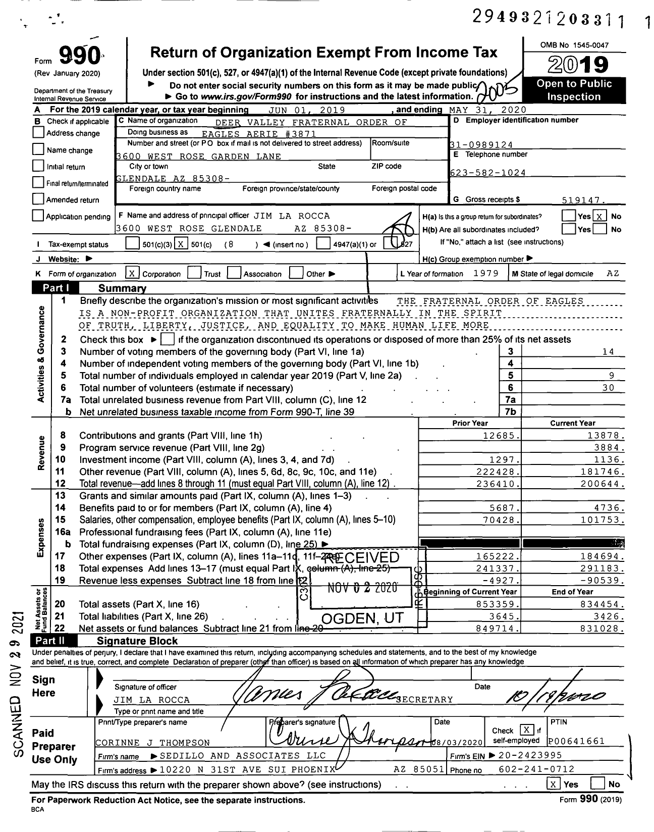 Image of first page of 2019 Form 990O for Fraternal Order of Eagles - 3871 Aerie