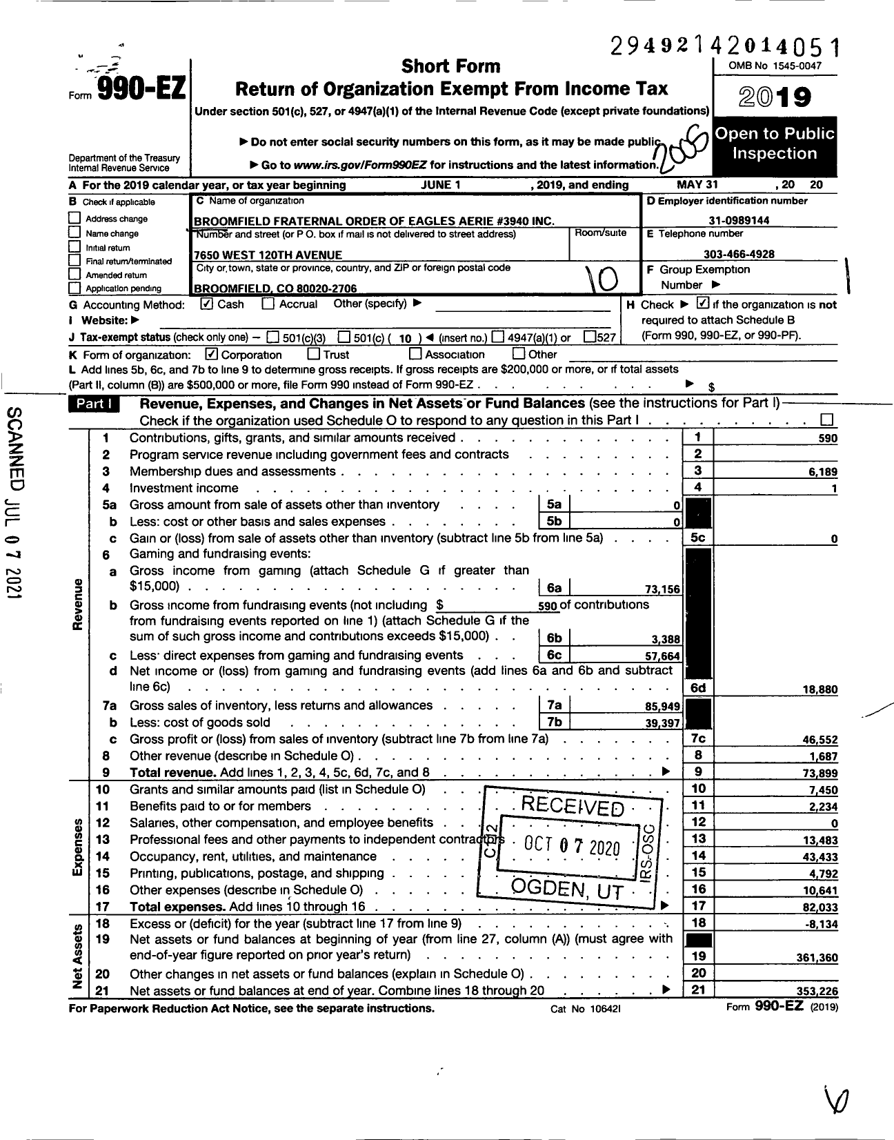 Image of first page of 2019 Form 990EO for Fraternal Order of Eagles - 3940 Aerie