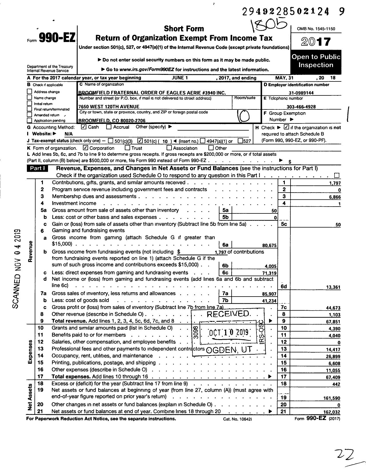 Image of first page of 2017 Form 990EO for Fraternal Order of Eagles - 3940 Aerie