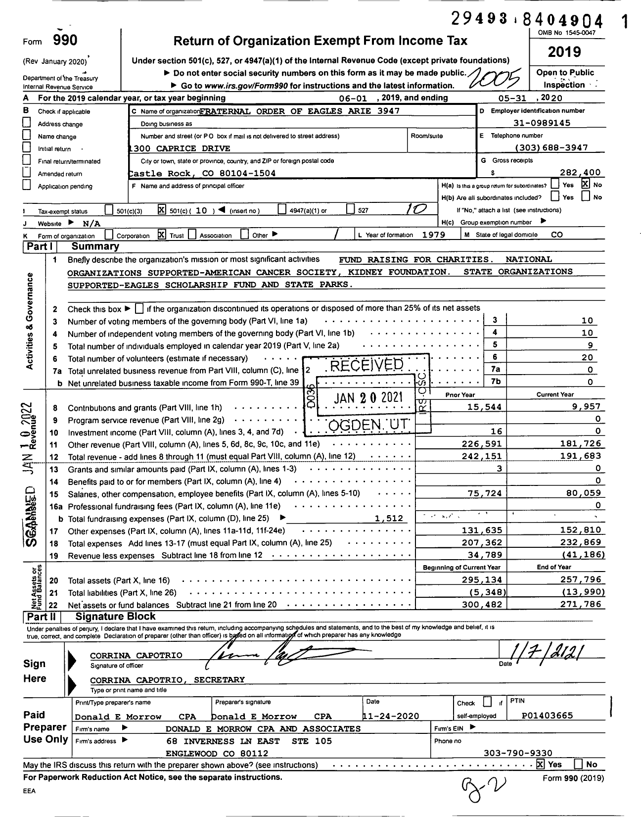 Image of first page of 2019 Form 990O for Fraternal Order of Eagles - 3947 Aerie