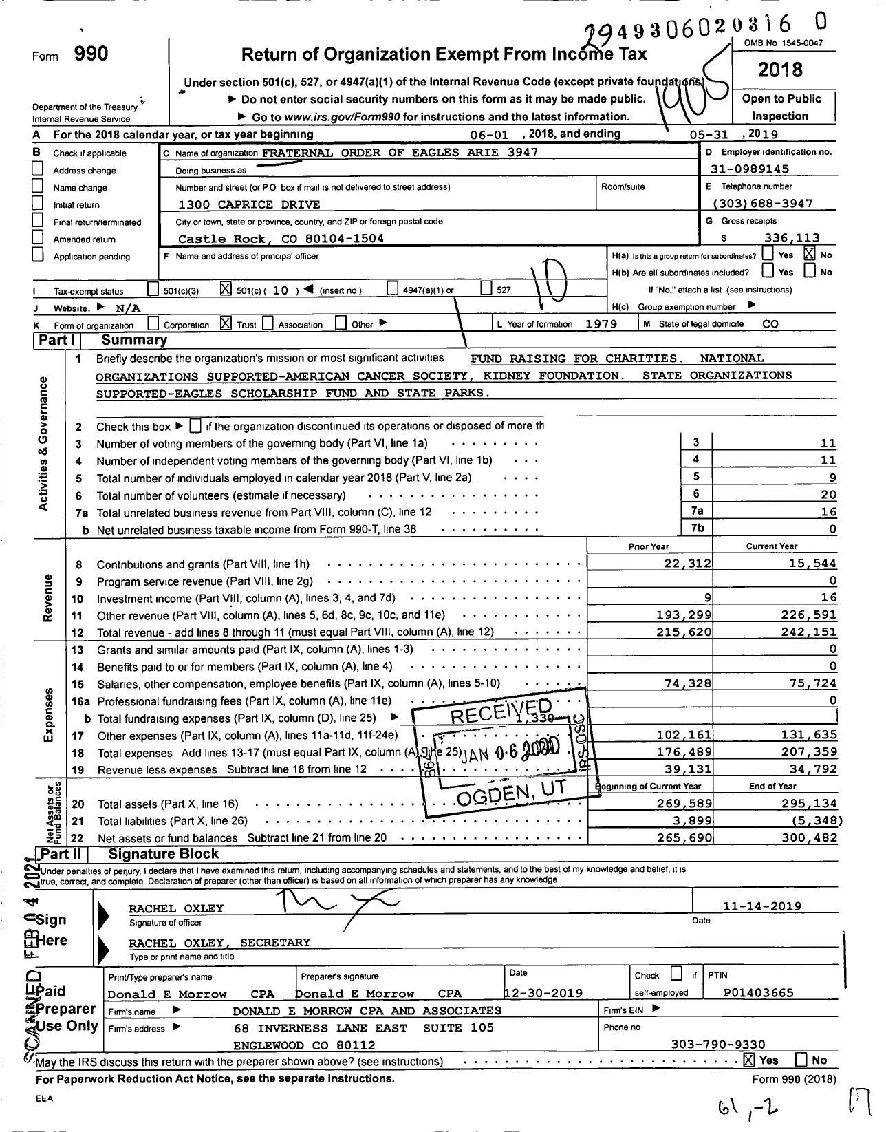 Image of first page of 2018 Form 990O for Fraternal Order of Eagles - 3947 Aerie