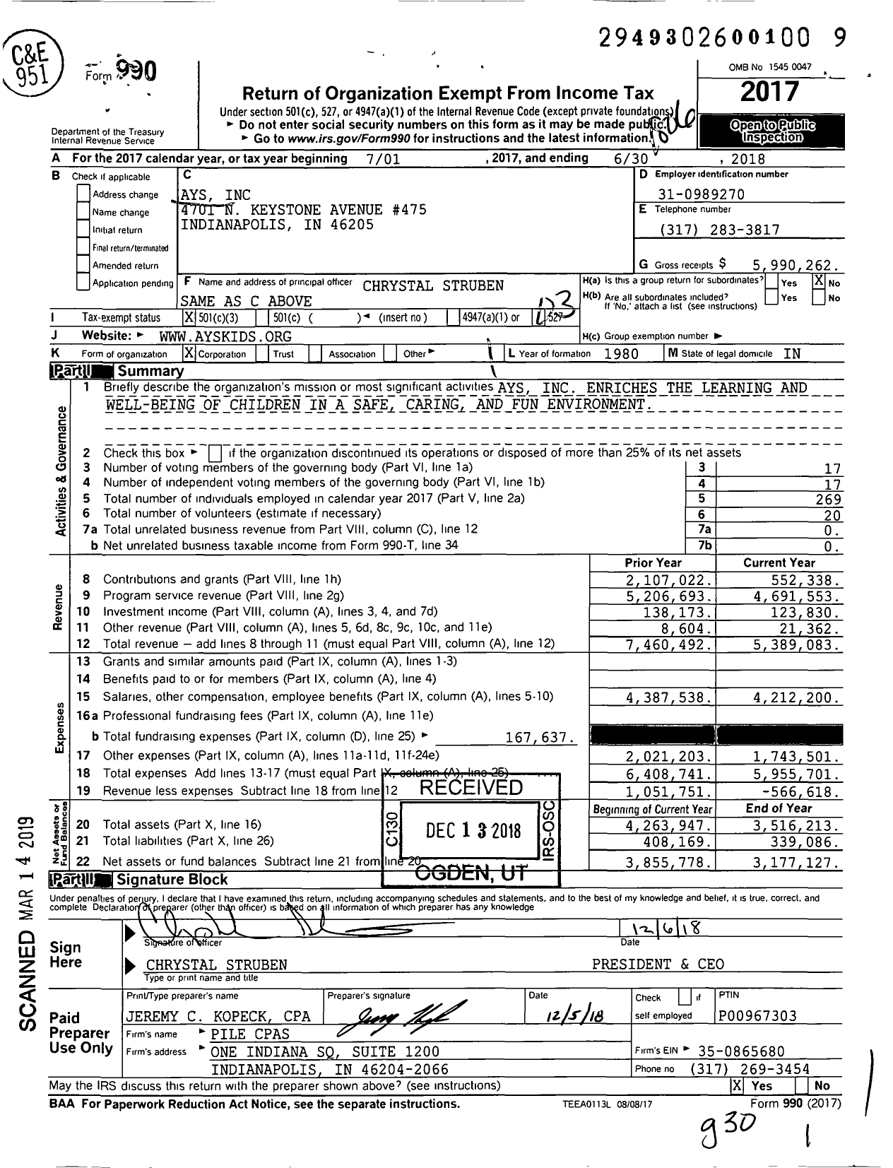 Image of first page of 2017 Form 990 for At Your School (AYS)