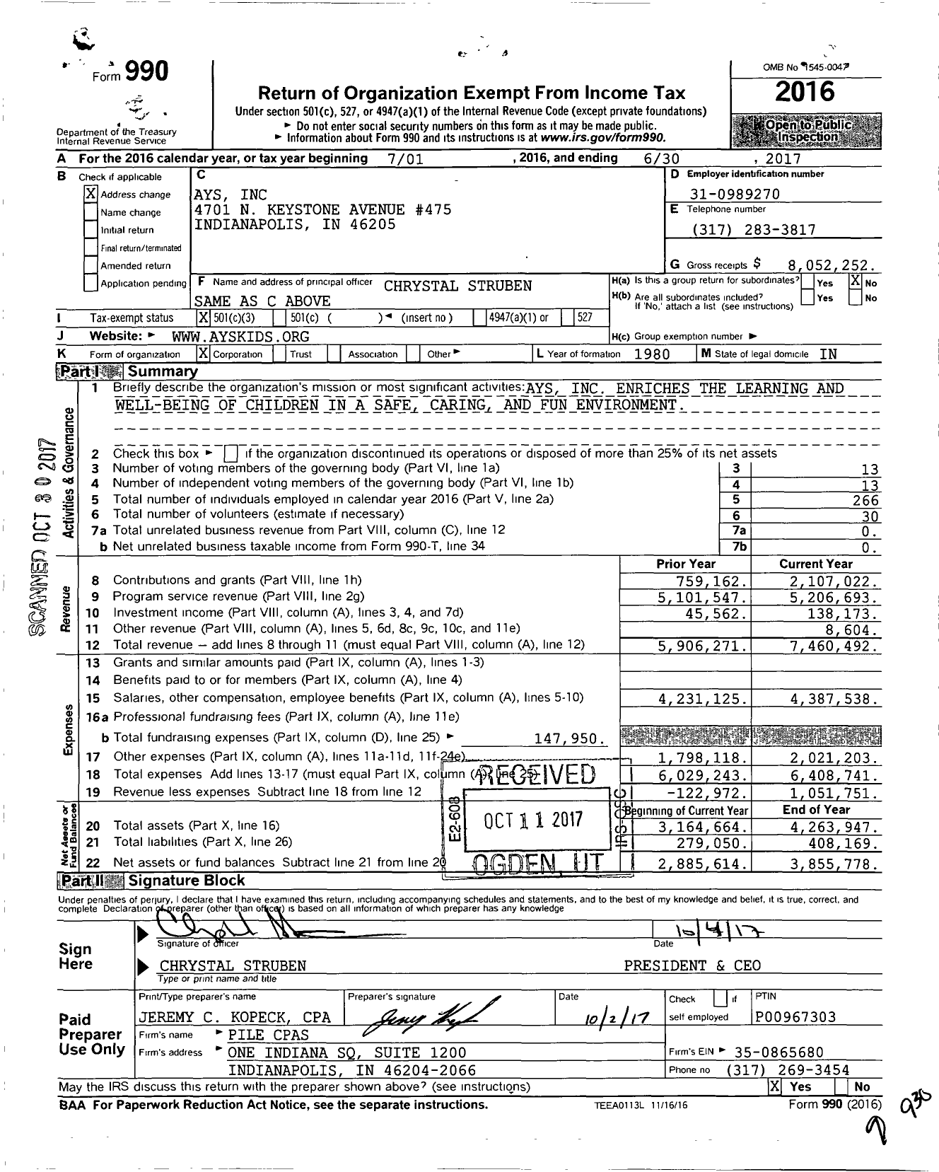 Image of first page of 2016 Form 990 for At Your School (AYS)