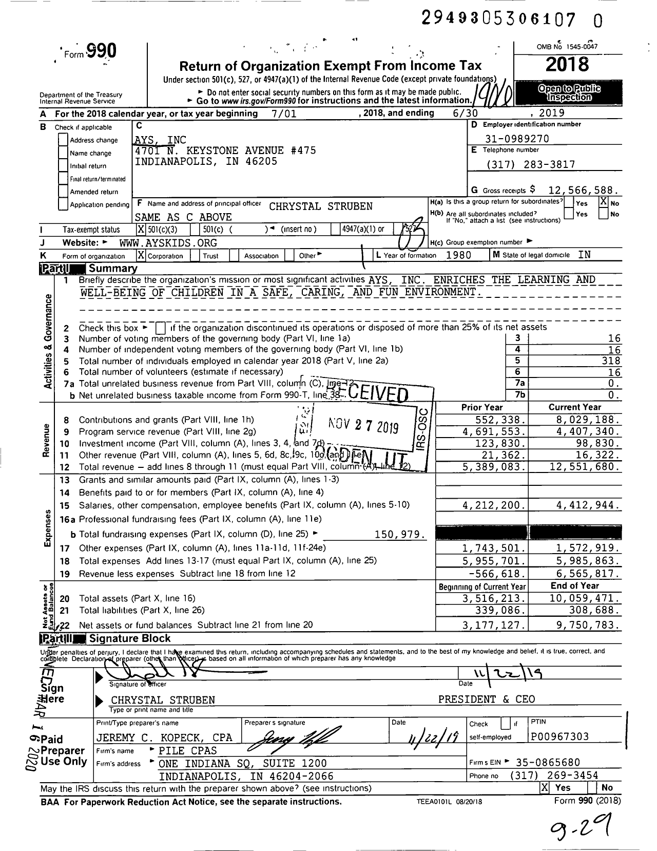 Image of first page of 2018 Form 990 for At Your School (AYS)