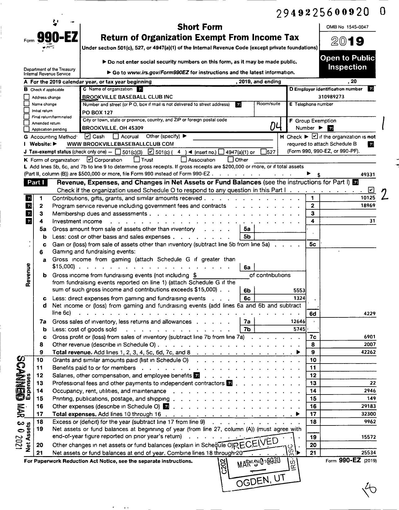 Image of first page of 2019 Form 990EO for Brookville Baseball Club