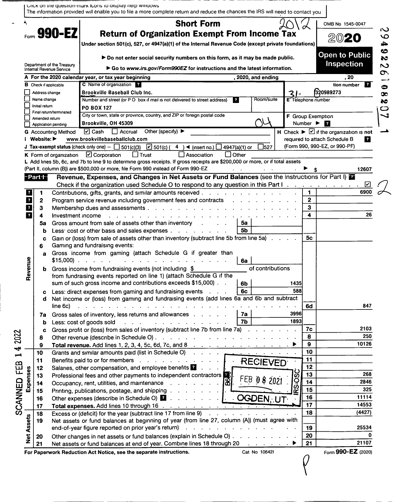 Image of first page of 2020 Form 990EO for Brookville Baseball Club