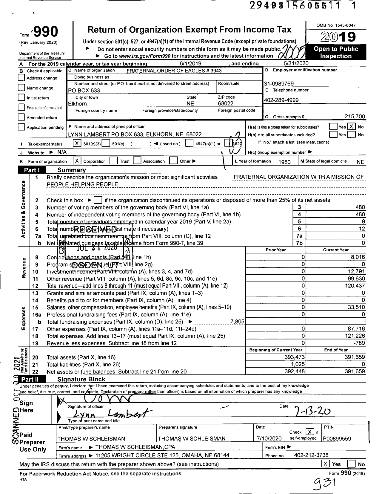 Image of first page of 2019 Form 990 for Fraternal Order of Eagles - 3943 Aerie