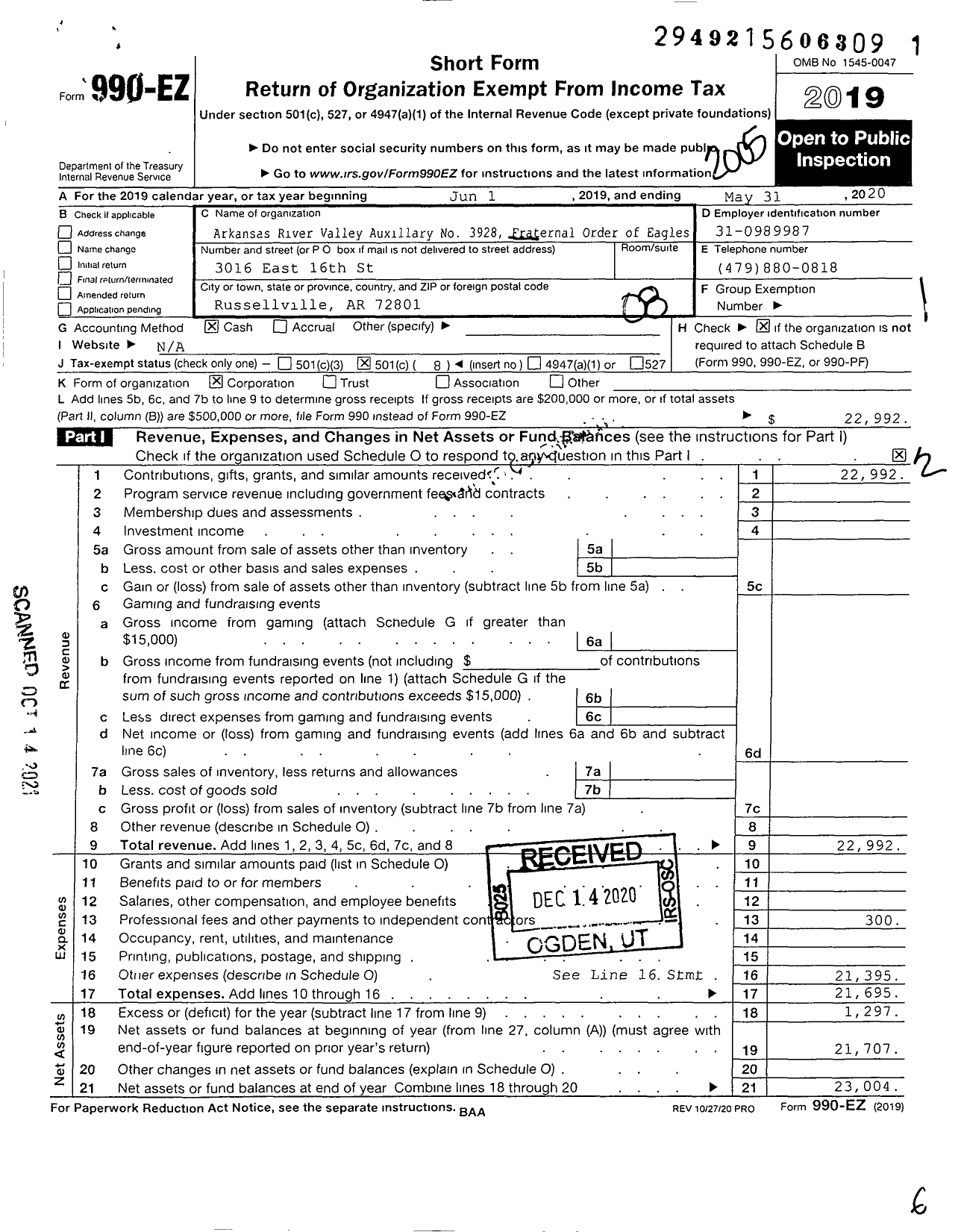 Image of first page of 2019 Form 990EO for Fraternal Order Of Eagles - 3928 Aux