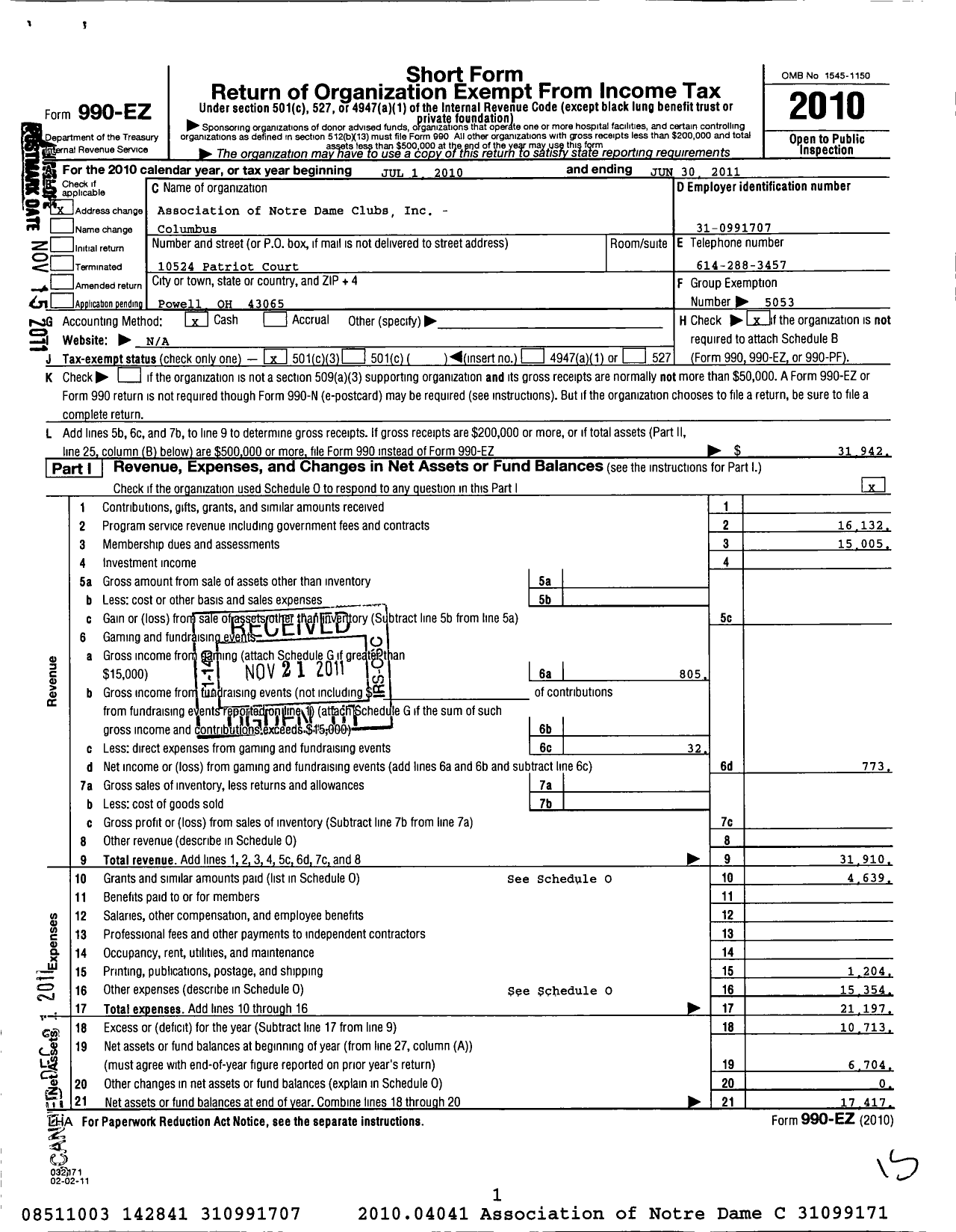 Image of first page of 2010 Form 990EZ for Association of Notre Dame Clubs Inc - Columbus