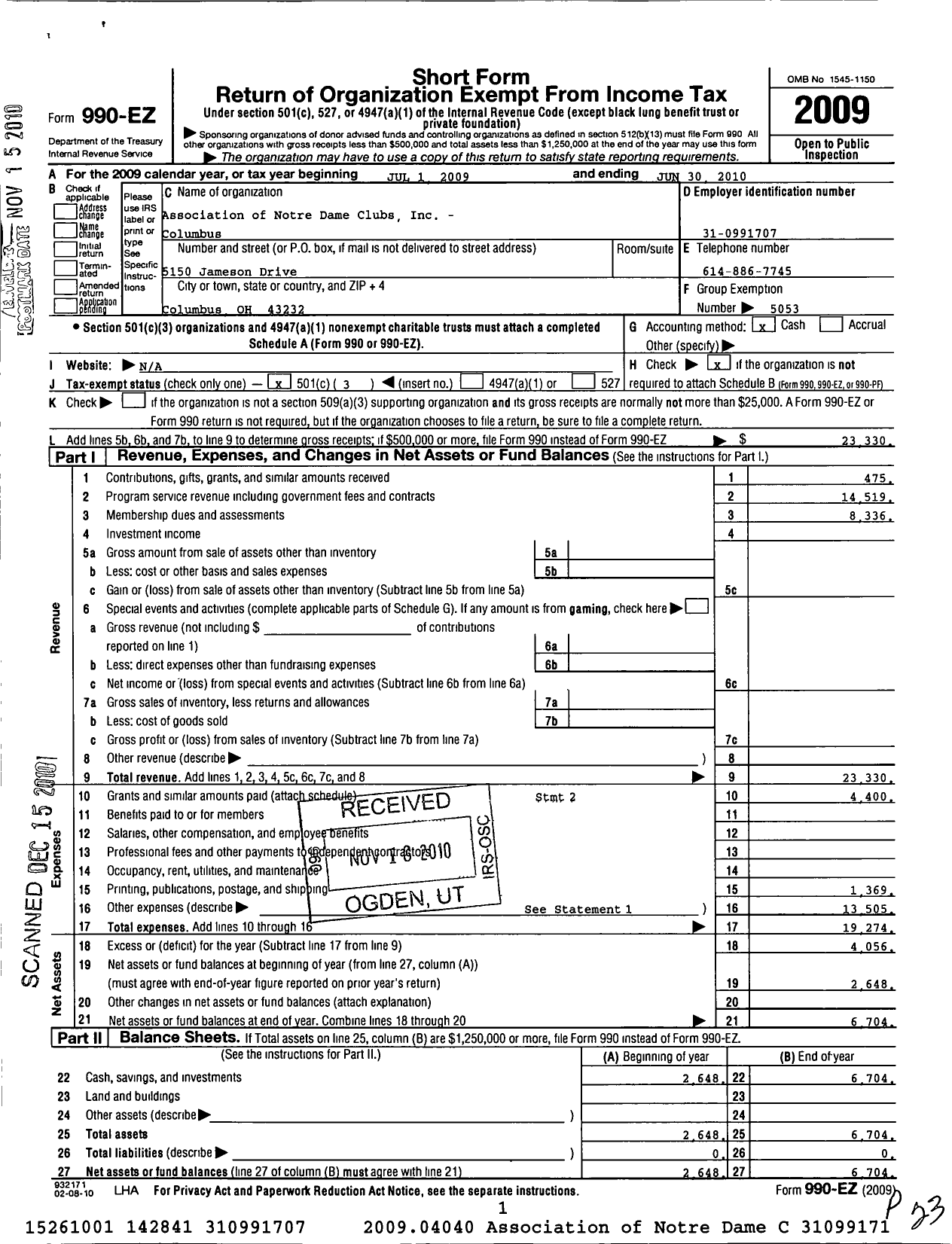 Image of first page of 2009 Form 990EZ for Association of Notre Dame Clubs Inc - Columbus