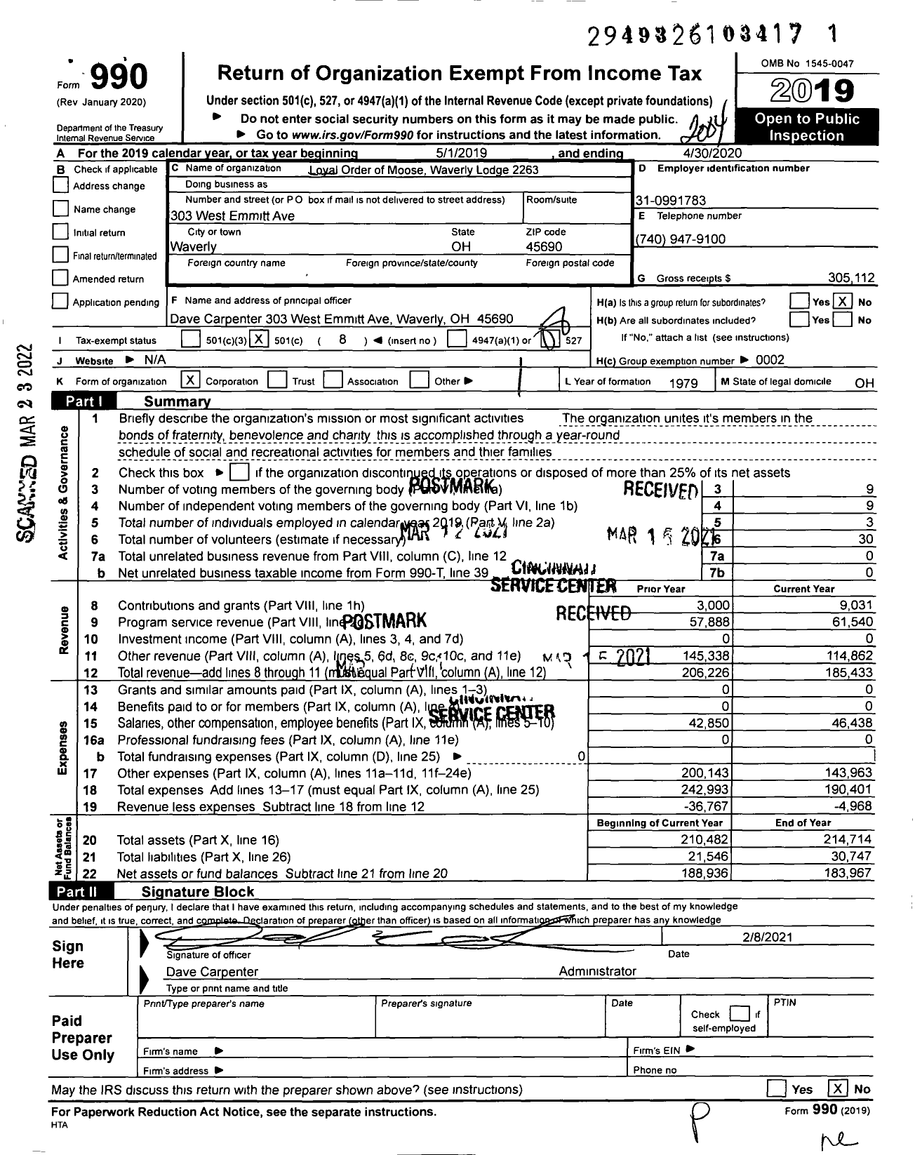 Image of first page of 2019 Form 990O for Loyal Order of Moose Waverly Lodge 2263