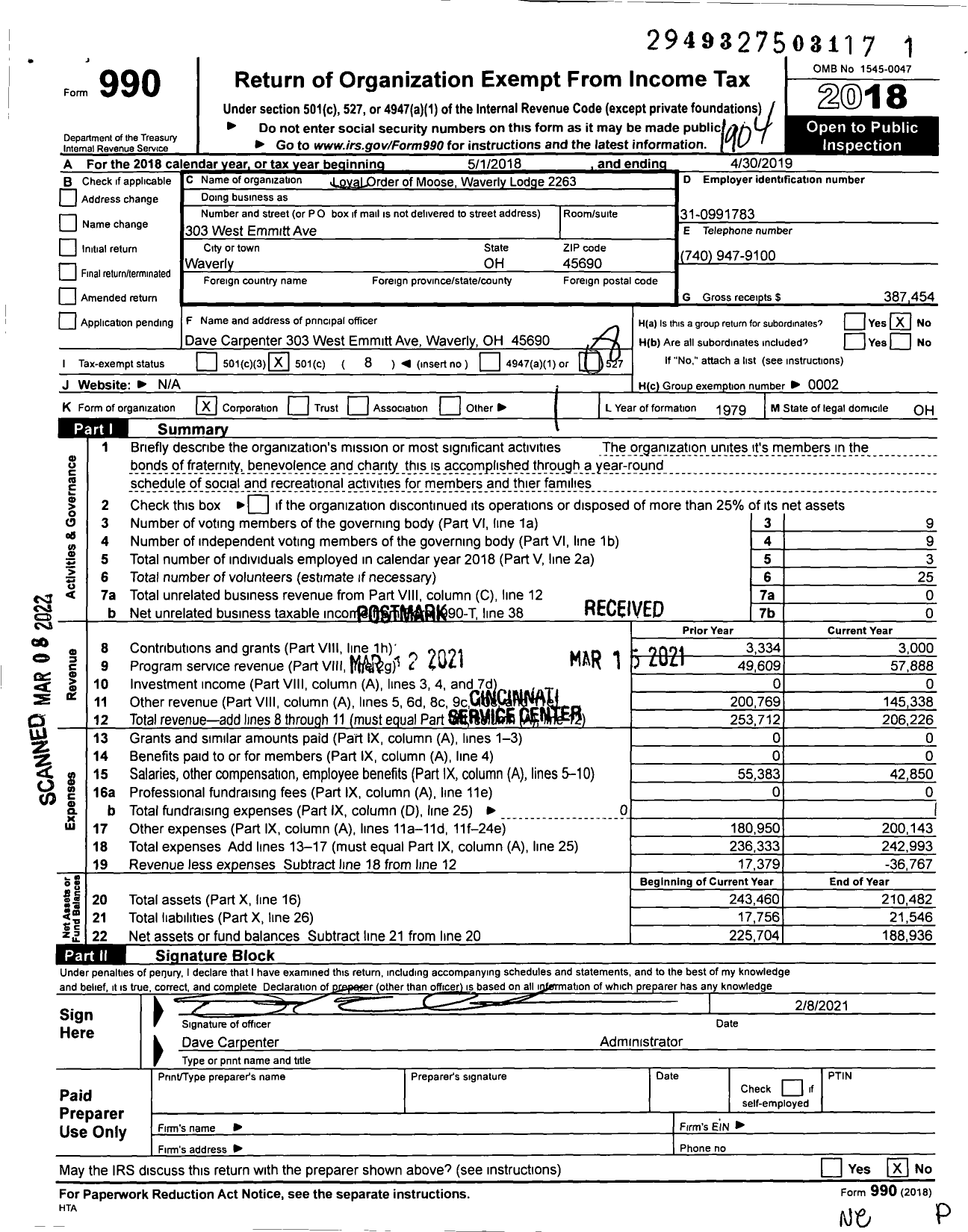 Image of first page of 2018 Form 990O for Loyal Order of Moose Waverly Lodge 2263