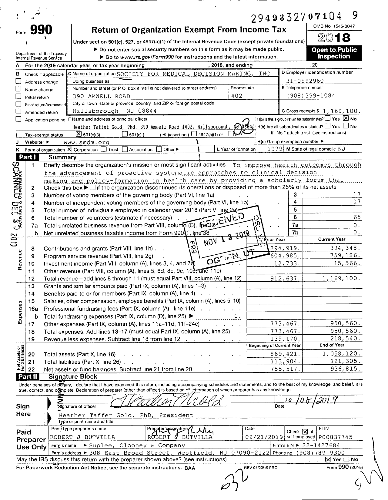Image of first page of 2018 Form 990 for Society for Medical Decision Making
