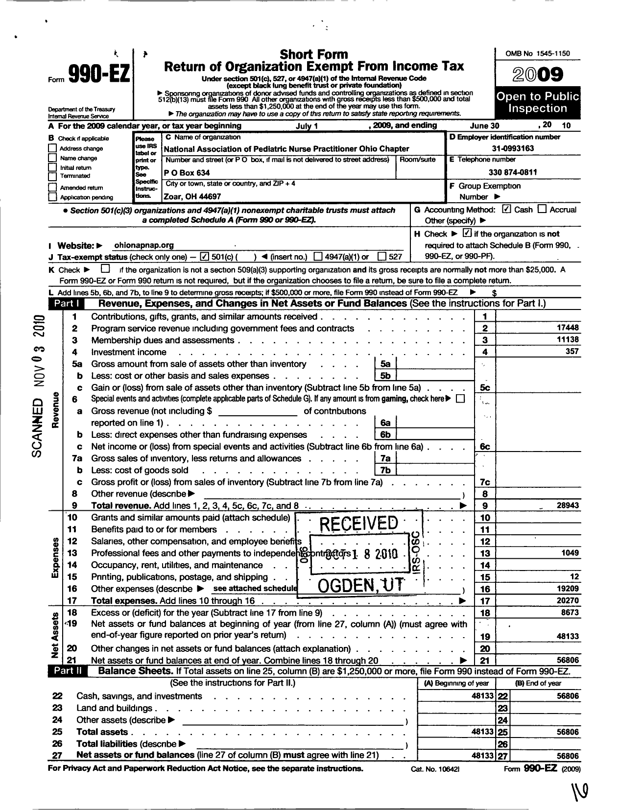 Image of first page of 2009 Form 990EO for National Association of Pediatric Nurse Practitioners / Ohio Chapter