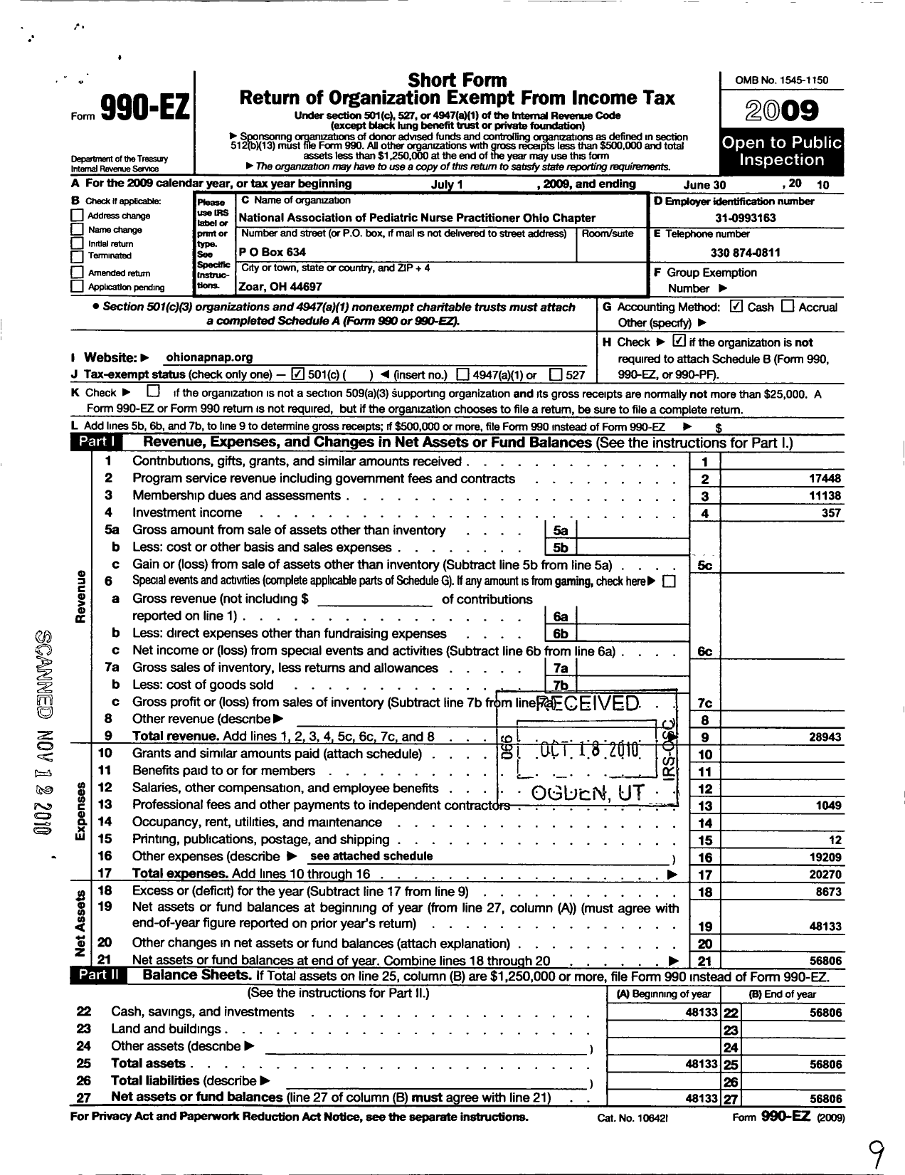 Image of first page of 2009 Form 990EO for National Association of Pediatric Nurse Practitioners / Ohio Chapter