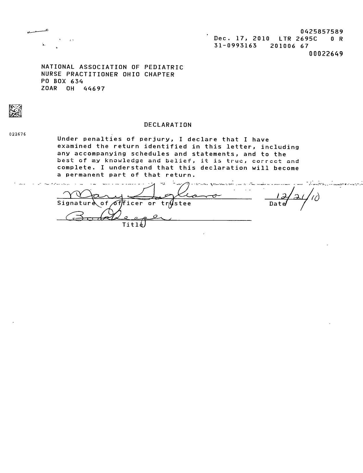 Image of first page of 2009 Form 990EOR for National Association of Pediatric Nurse Practitioners / Ohio Chapter