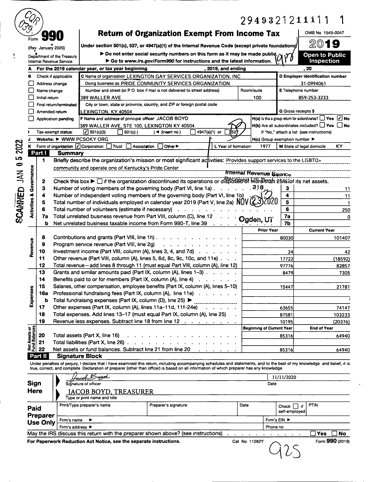 Image of first page of 2019 Form 990 for Lexington Pride Center