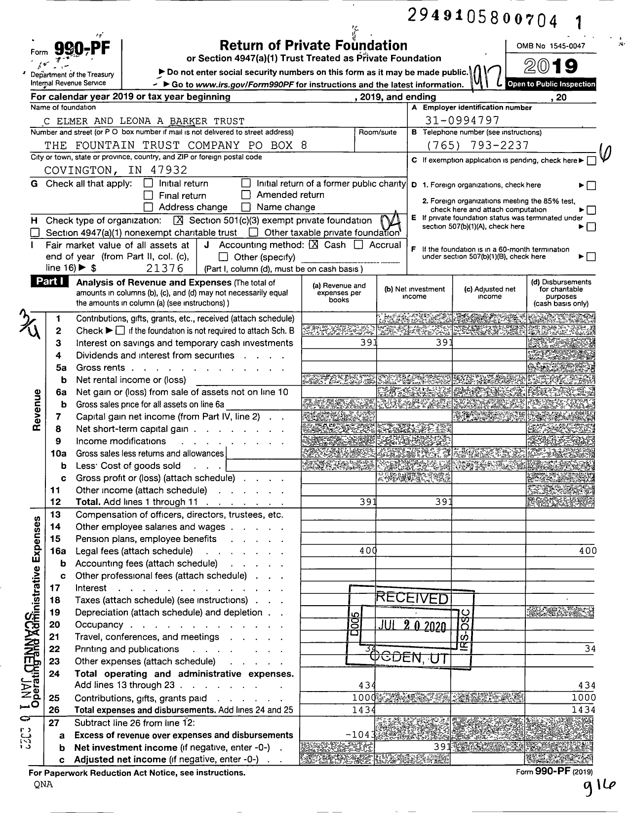 Image of first page of 2019 Form 990PF for C Elmer and Leona A Barker Trust