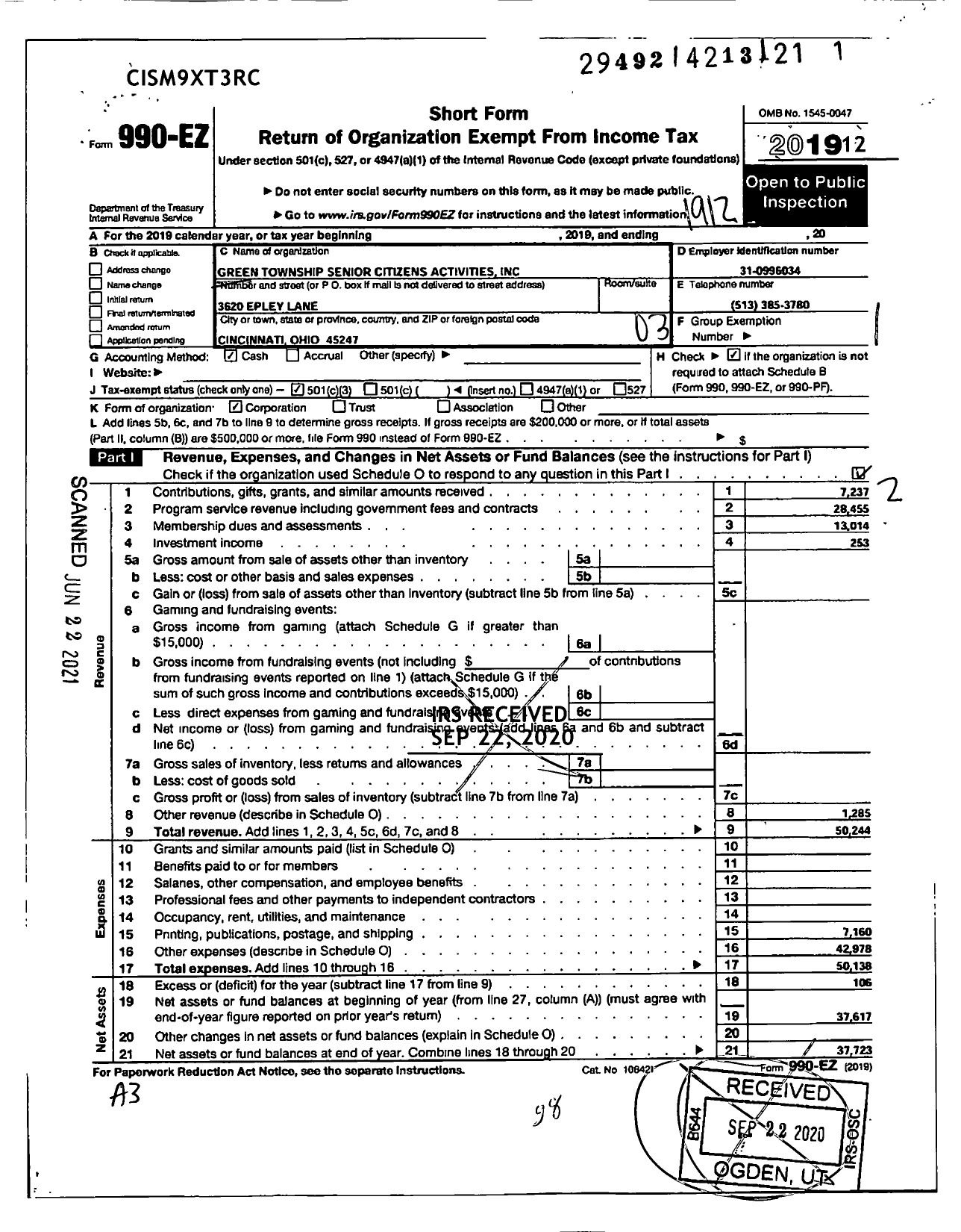 Image of first page of 2019 Form 990EZ for Green Township Senior Citizens Activities