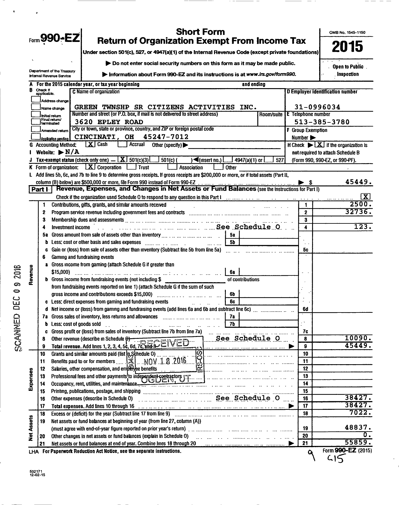 Image of first page of 2015 Form 990EZ for Green Township Senior Citizens Activities