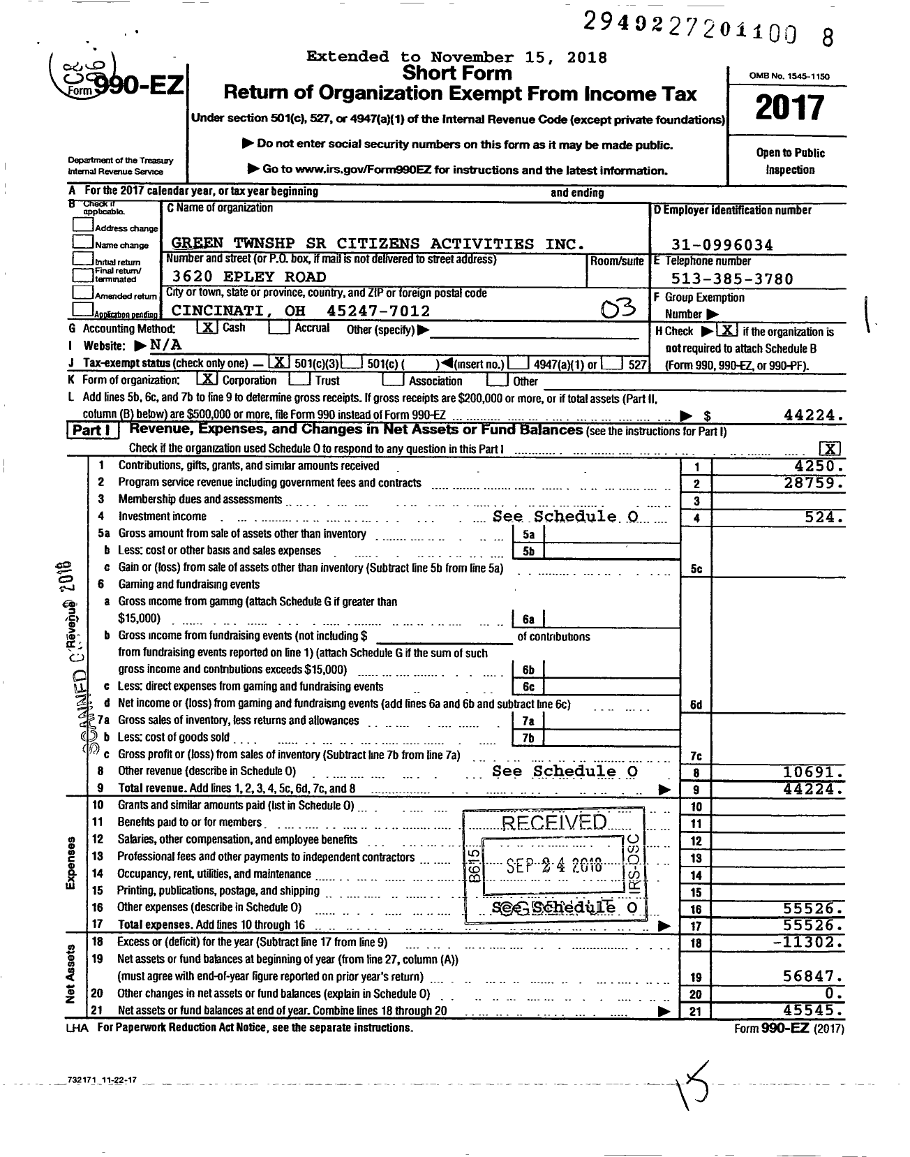 Image of first page of 2017 Form 990EZ for Green Township Senior Citizens Activities