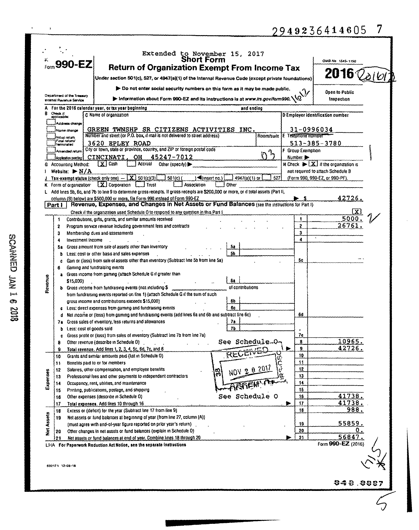 Image of first page of 2016 Form 990EZ for Green Township Senior Citizens Activities