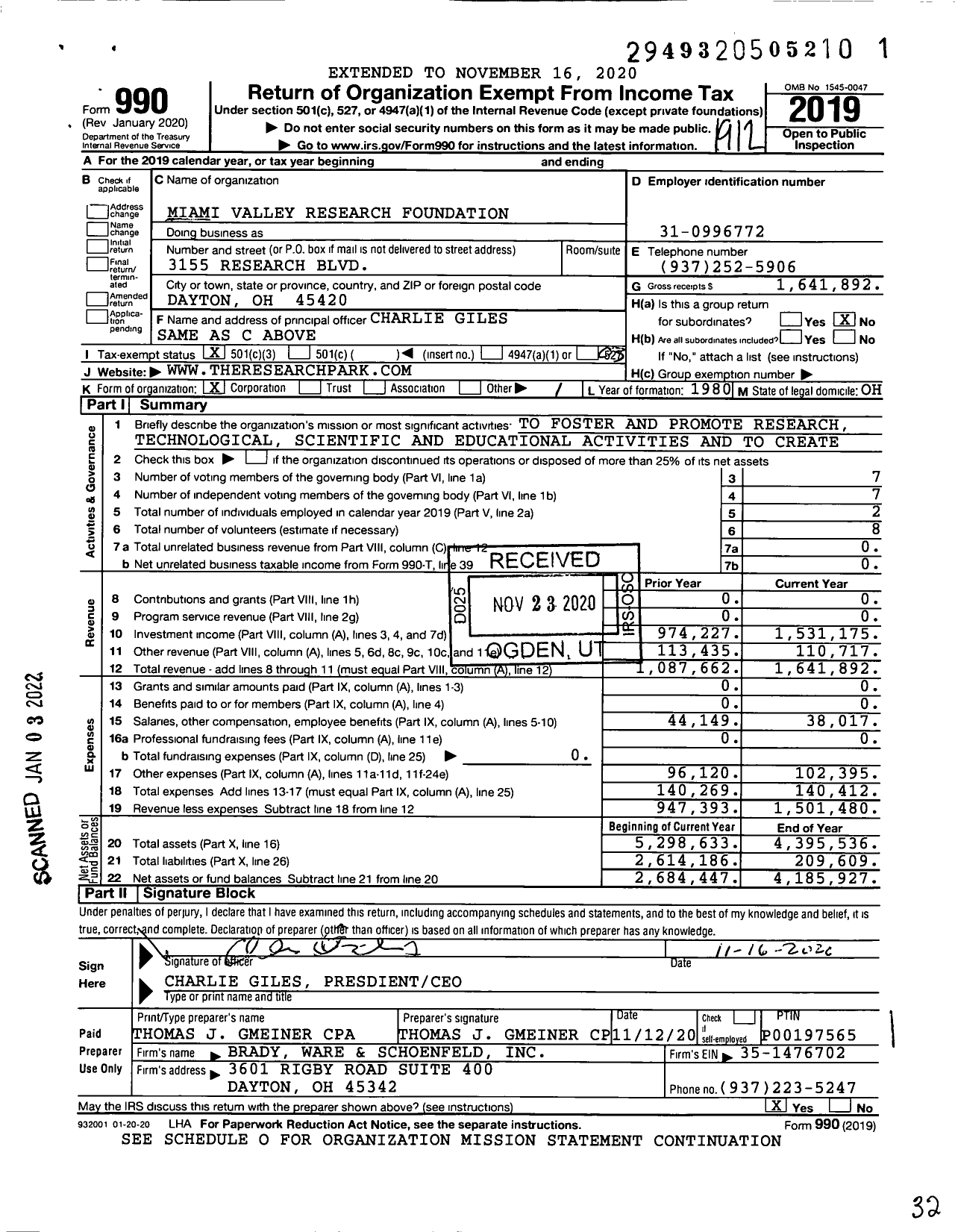 Image of first page of 2019 Form 990 for Miami Valley Research Foundation