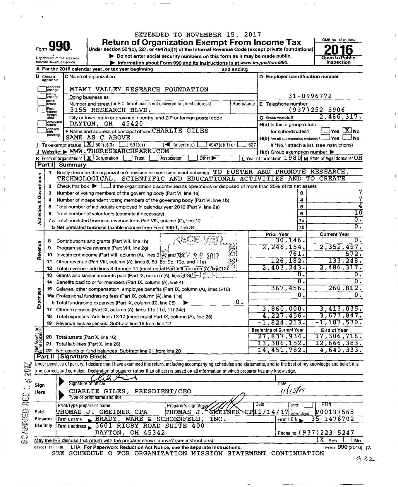 Image of first page of 2016 Form 990 for Miami Valley Research Foundation