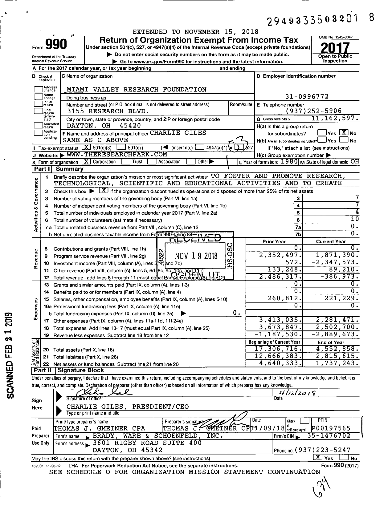 Image of first page of 2017 Form 990 for Miami Valley Research Foundation
