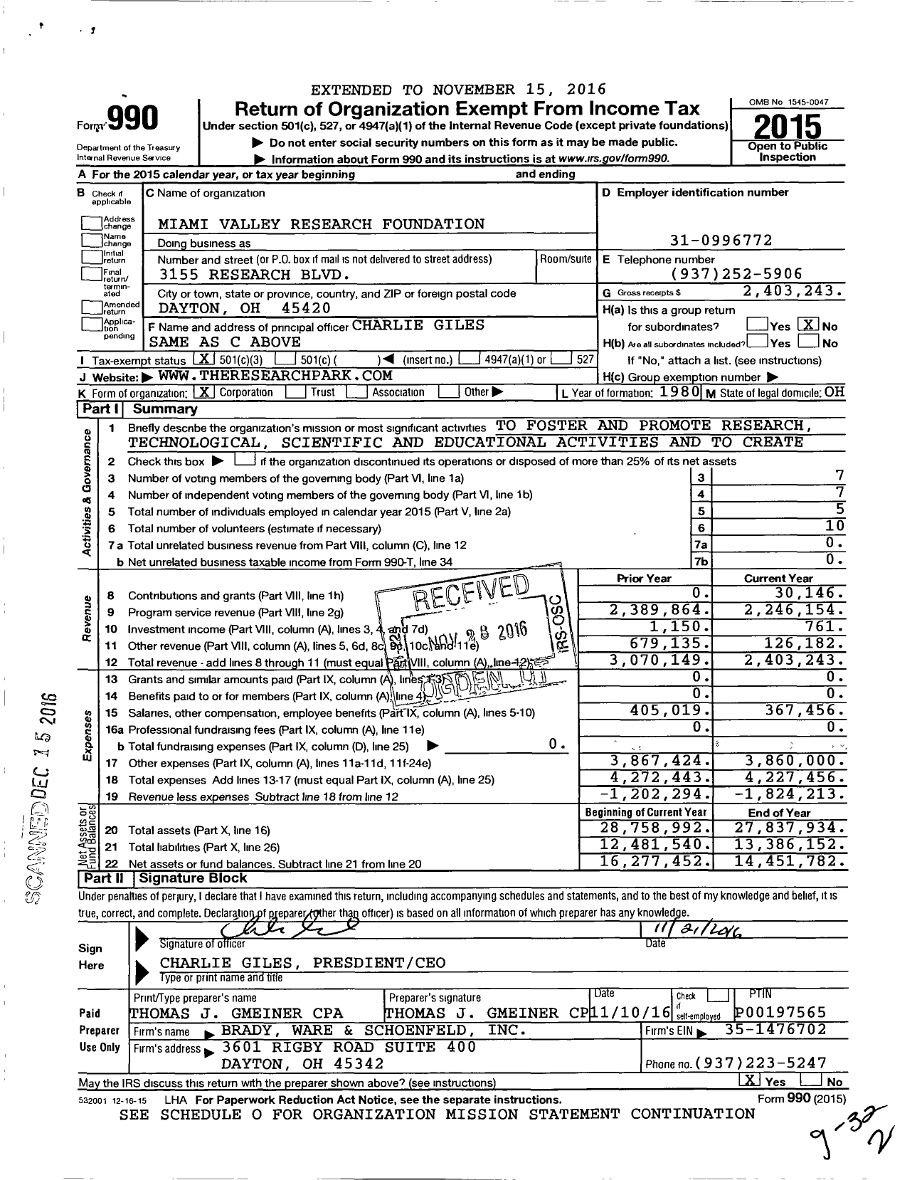 Image of first page of 2015 Form 990 for Miami Valley Research Foundation