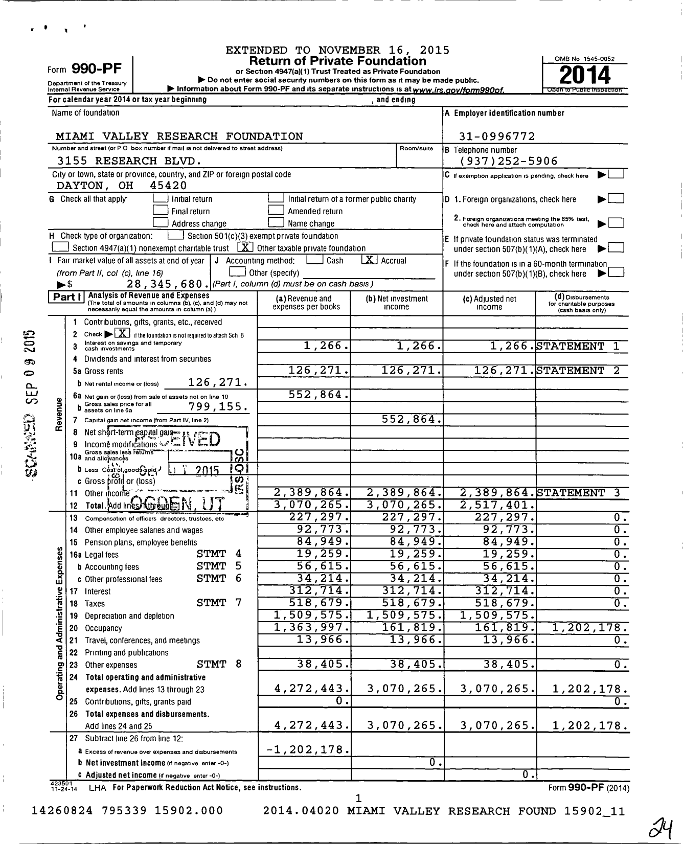 Image of first page of 2014 Form 990PF for Miami Valley Research Foundation