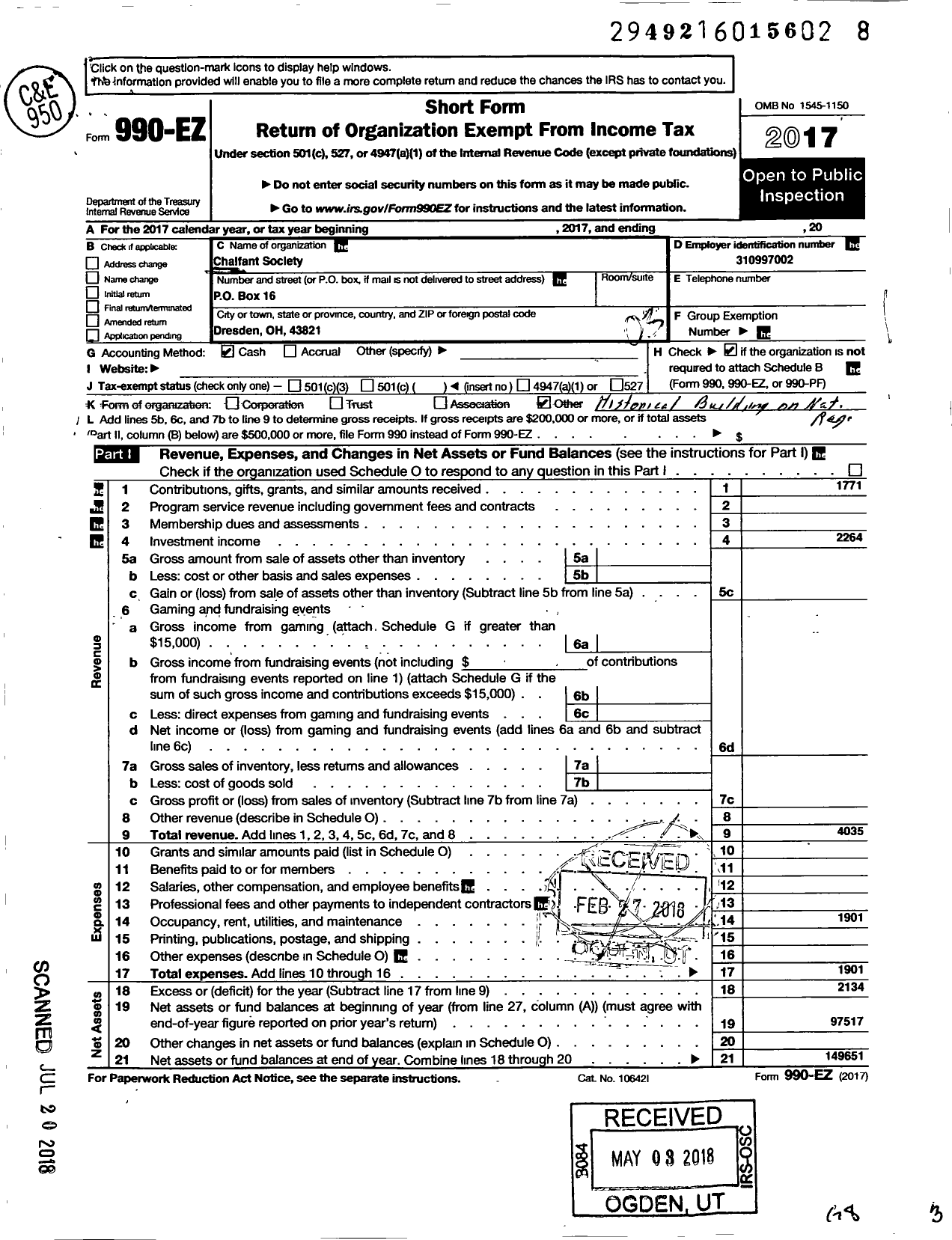 Image of first page of 2017 Form 990EZ for Chalfant Society