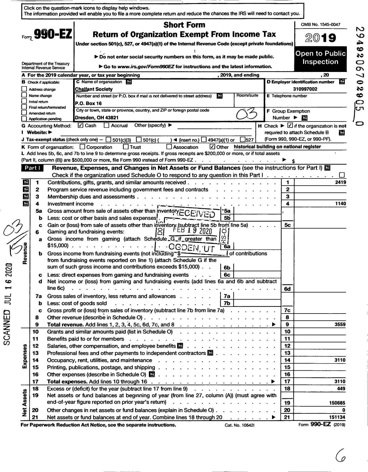 Image of first page of 2019 Form 990EZ for Chalfant Society