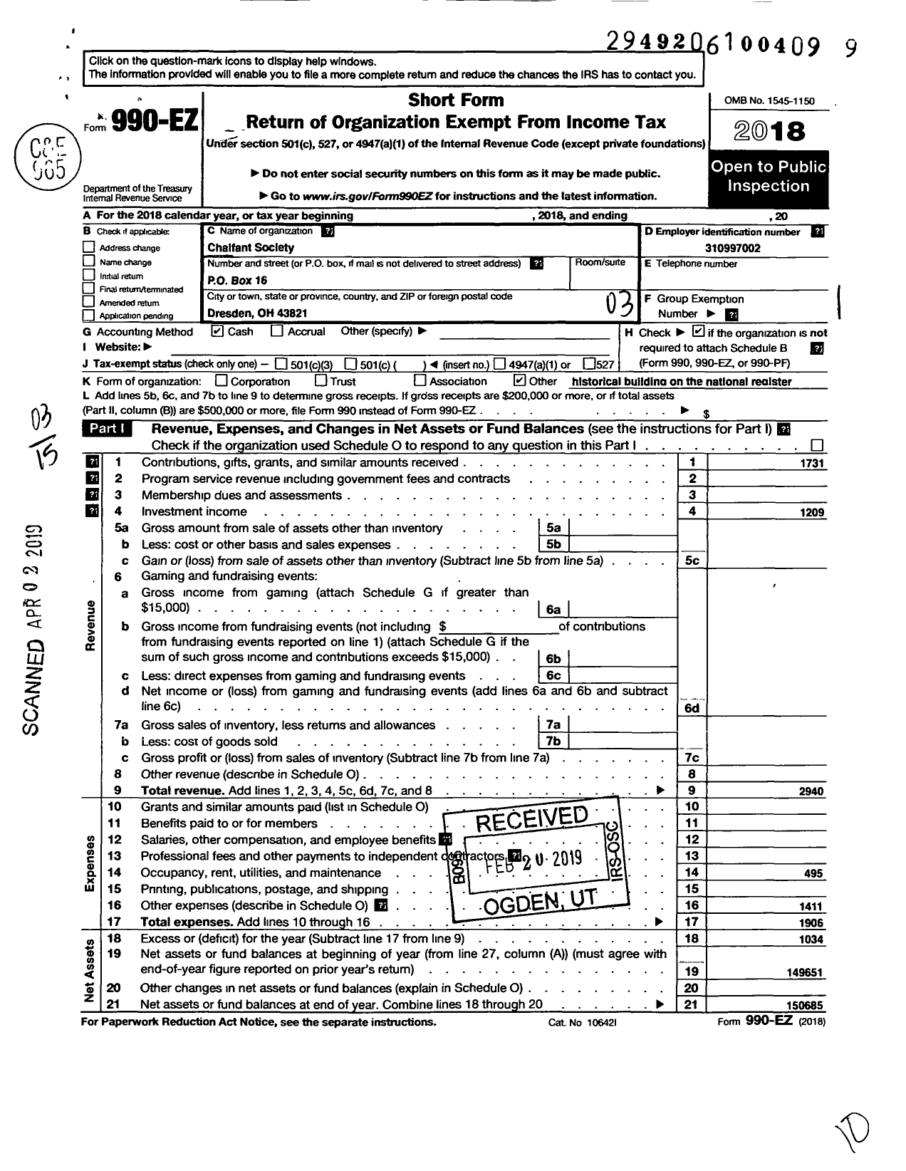 Image of first page of 2018 Form 990EZ for Chalfant Society