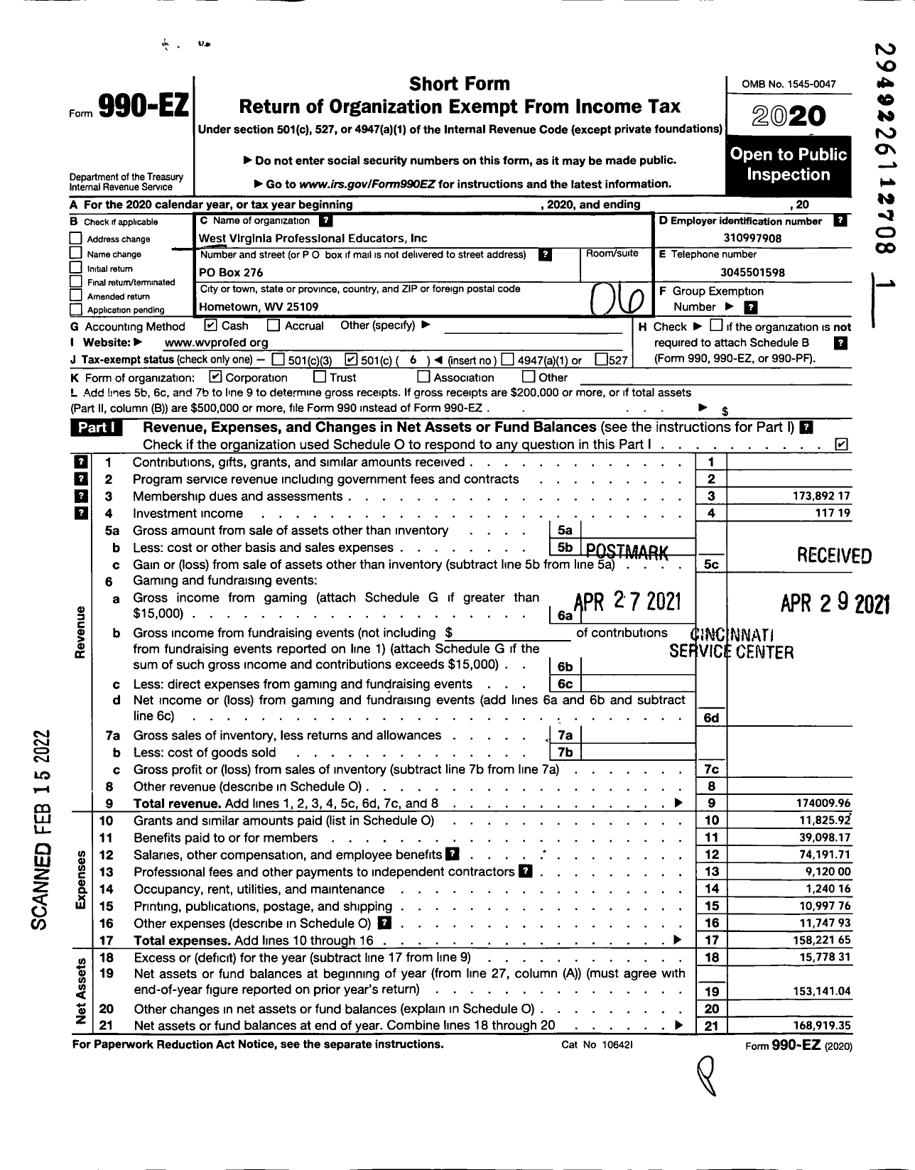 Image of first page of 2020 Form 990EO for West Virginia Professional Educators