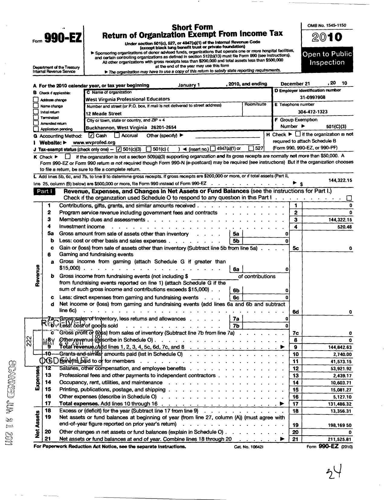 Image of first page of 2010 Form 990EZ for West Virginia Professional Educators