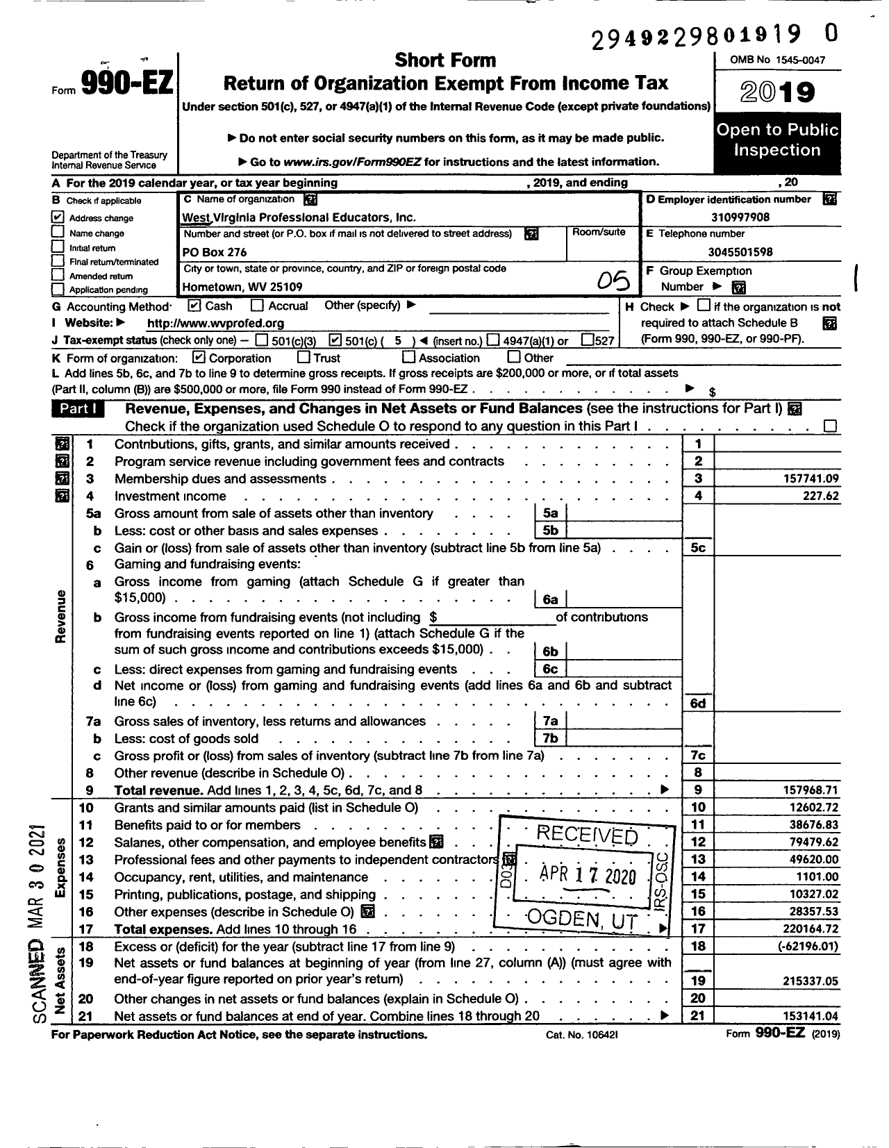 Image of first page of 2019 Form 990EO for West Virginia Professional Educators