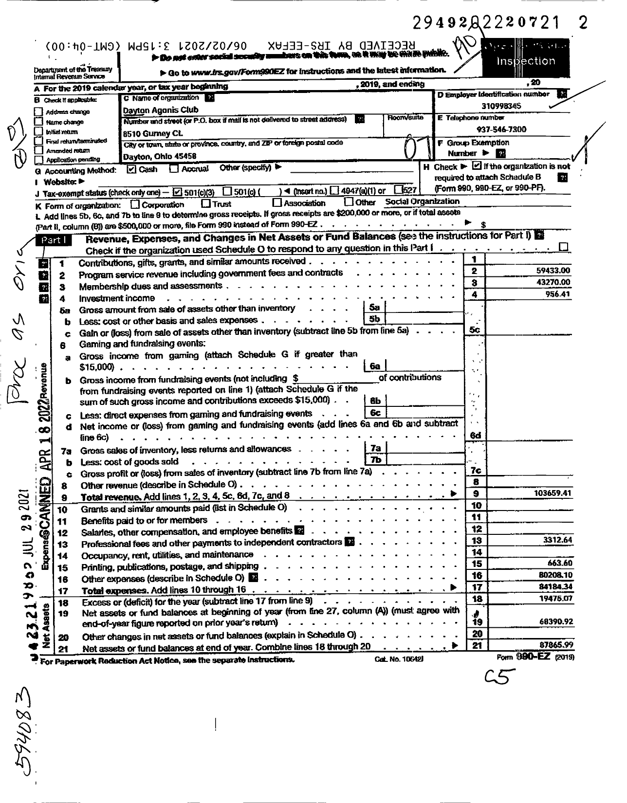 Image of first page of 2018 Form 990EO for Dayton Agonis Club